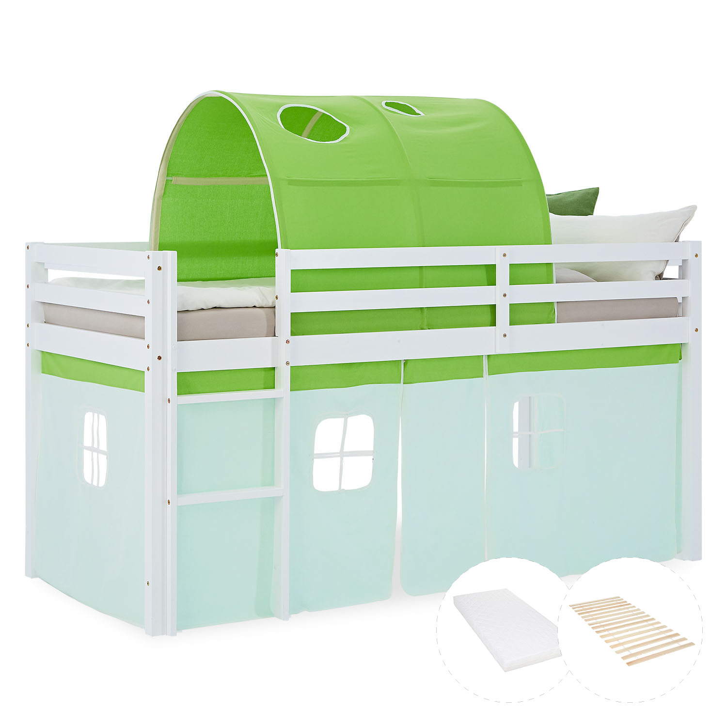 Kinderhochbett in Grün mit Elementen aus Kiefernholz, Lattenrost, Matratze, Spieltunnel und Spielvorhang. Das weiße Hochbett ist mit Matratze und Kissen vor weißem Hintergrund abgebildet. Sichtbar sind eine Leiter, seitliche Schutzgitter, ein Spielvorhang
