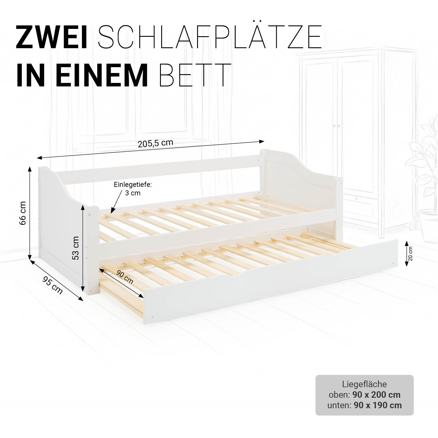 Wooden Bed 90x200 cm White | Extends to a Double Bed | Bunk Bed | With Slatted Base | Pull-Out Bed, Functional Bed, Duo Bed