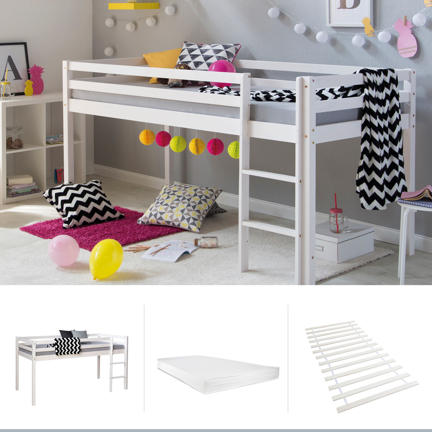 Loft Bed with Mattress Slatted Frame 90x200 cm Children's Bed Bunk Bed White Play Bed