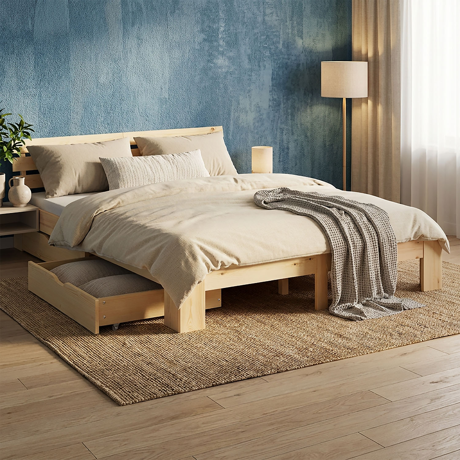 Wood Bed 180x200 cm Natural | Double Bed | with 2 Spring Mattress | 2 Drawers | Youth Guest Bedroom