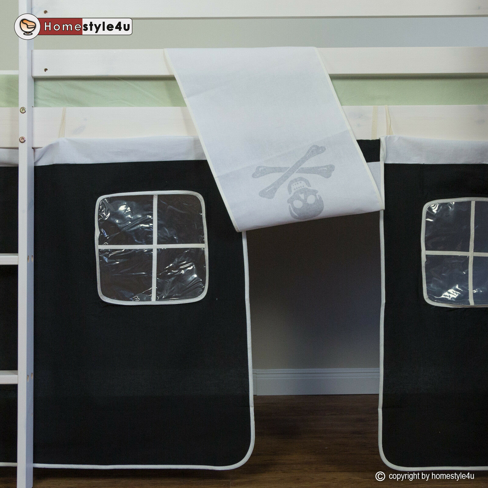 Loft Bed Kids 90x200 cm White with Curtain Black | without Slatted Frame