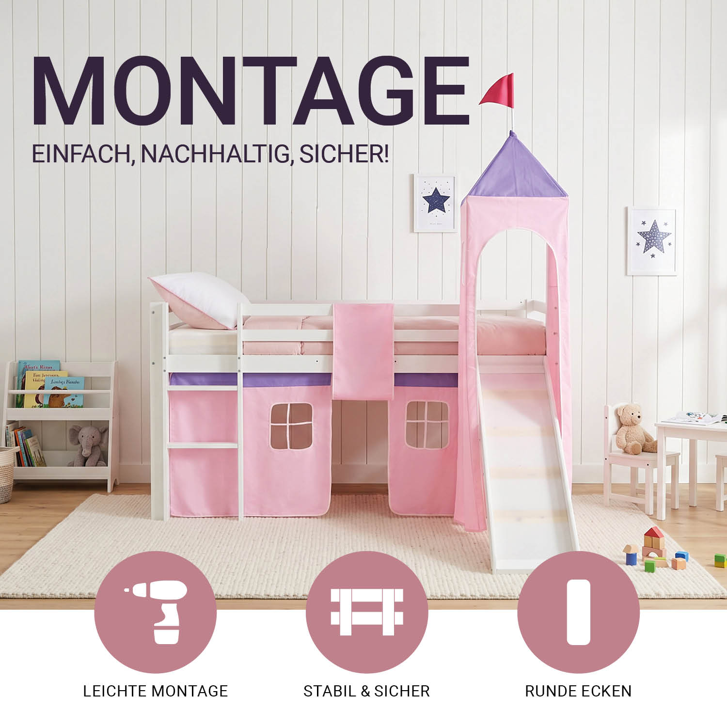 Children's Loft Bed 90x200 cm White with Pink Curtain | Slide | Tower | With Slatted Base | With Mattress