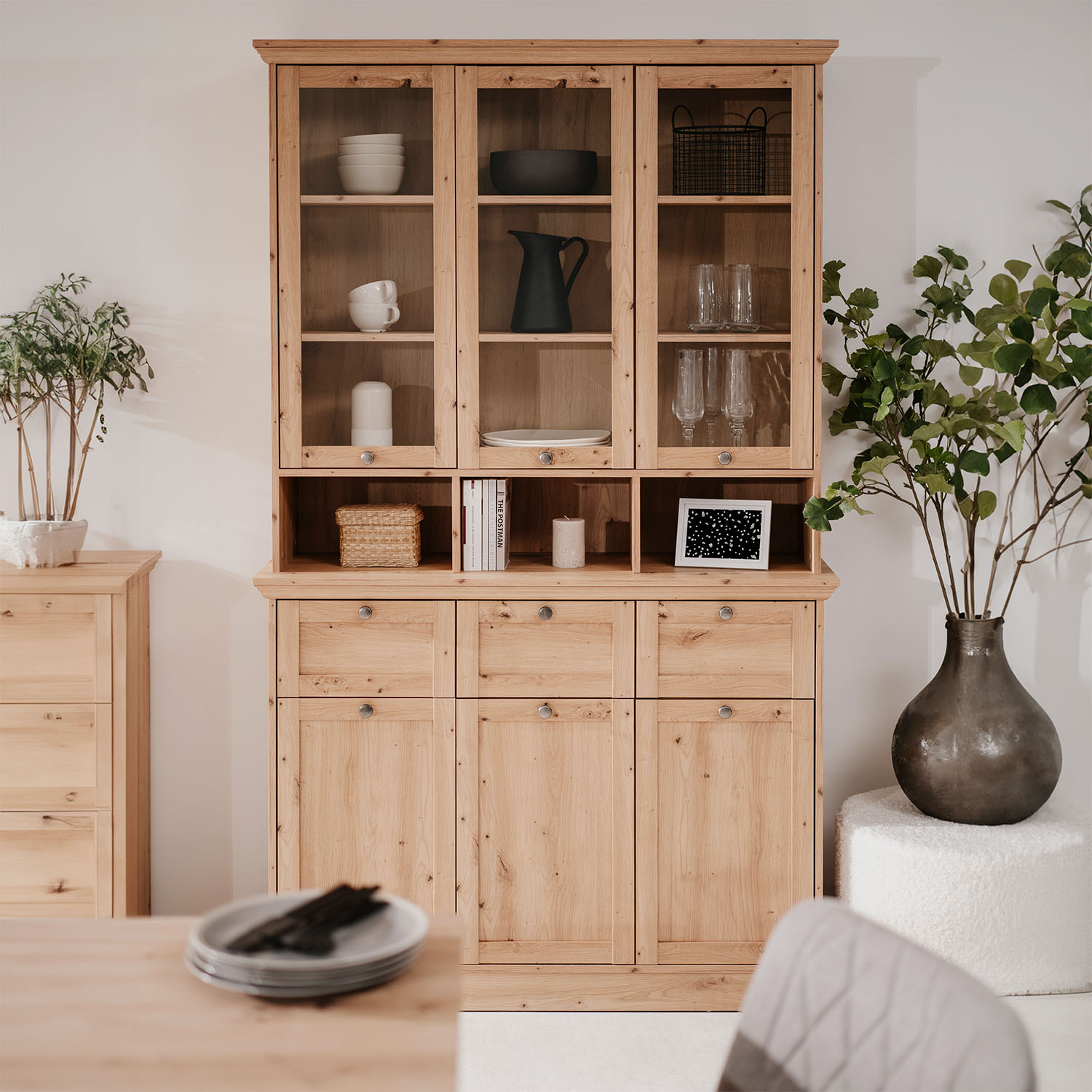 Buffet Cabinet Wood Oak Sideboard Cupboard Kitchen Storage with Glass Doors