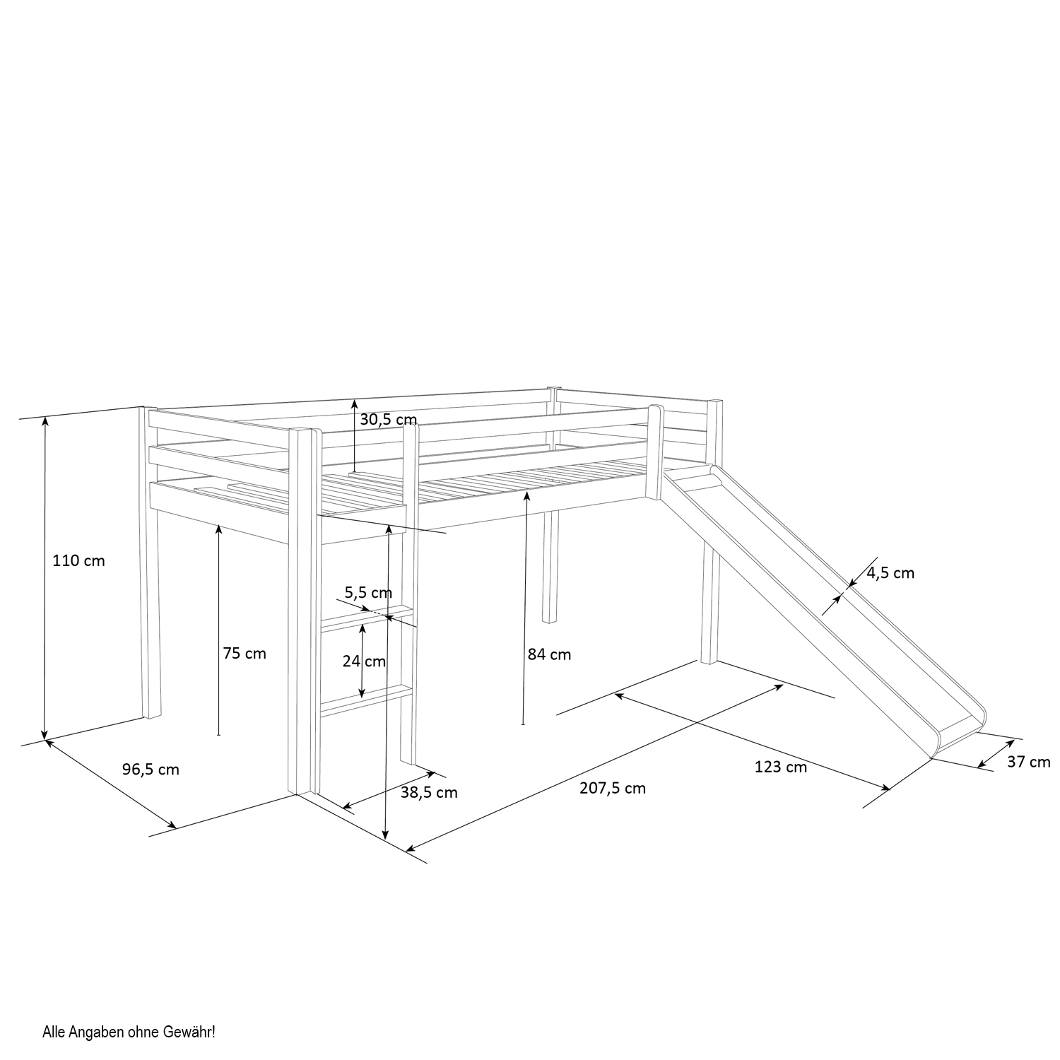 Children's Loft Bed 90x200 cm, Gray with Star Curtain | Tunnel | Slide | Without Slatted Base