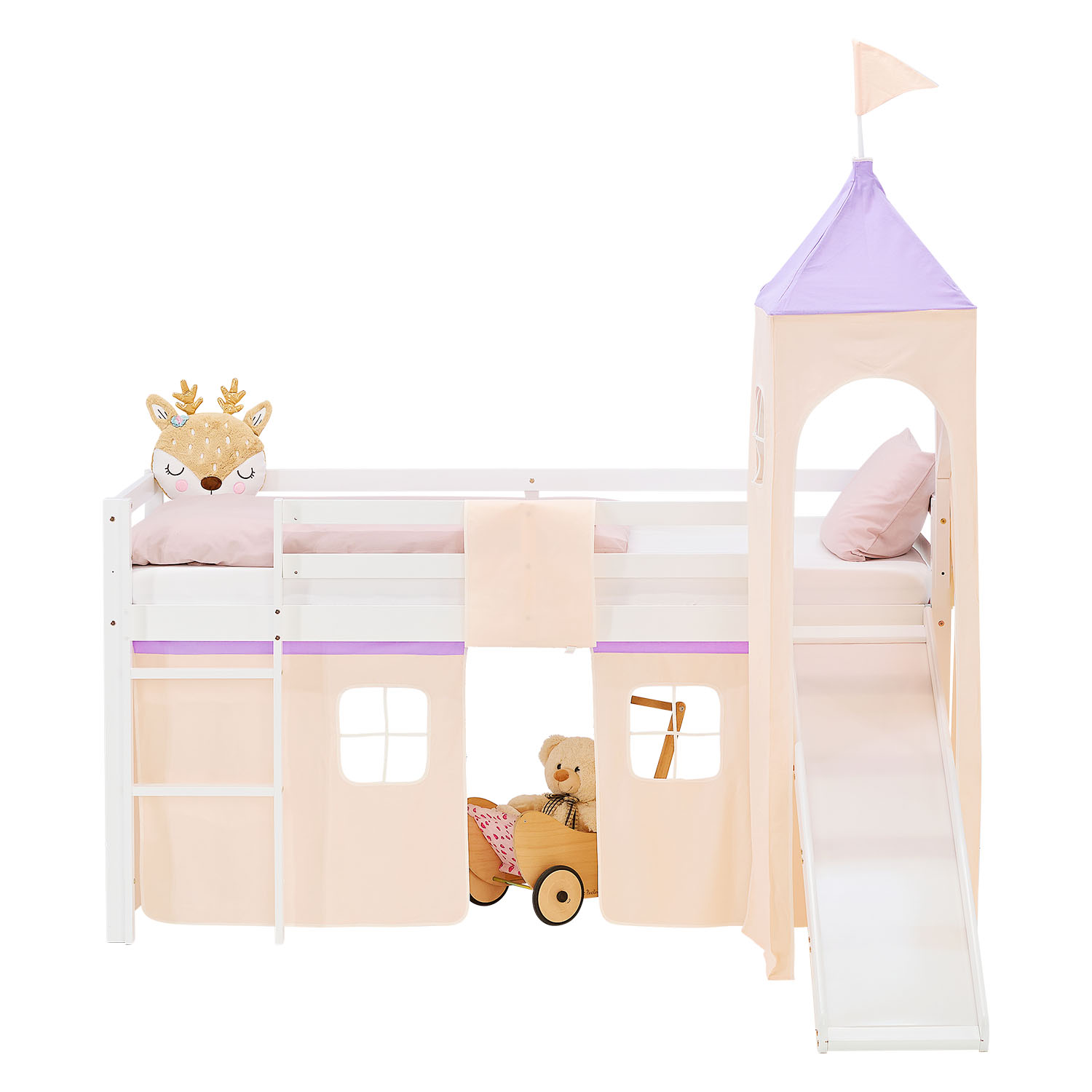 Loft Bed for Kids 90x200 cm White with Curtain in Lilac Beige | Slide | Tower | with Slatted Frame and Mattress