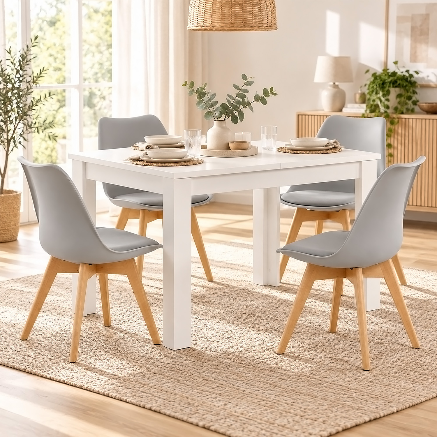Dining Set (5-Piece): 120x80 cm white extendable dining table with 4 grey plastic chairs and wooden legs