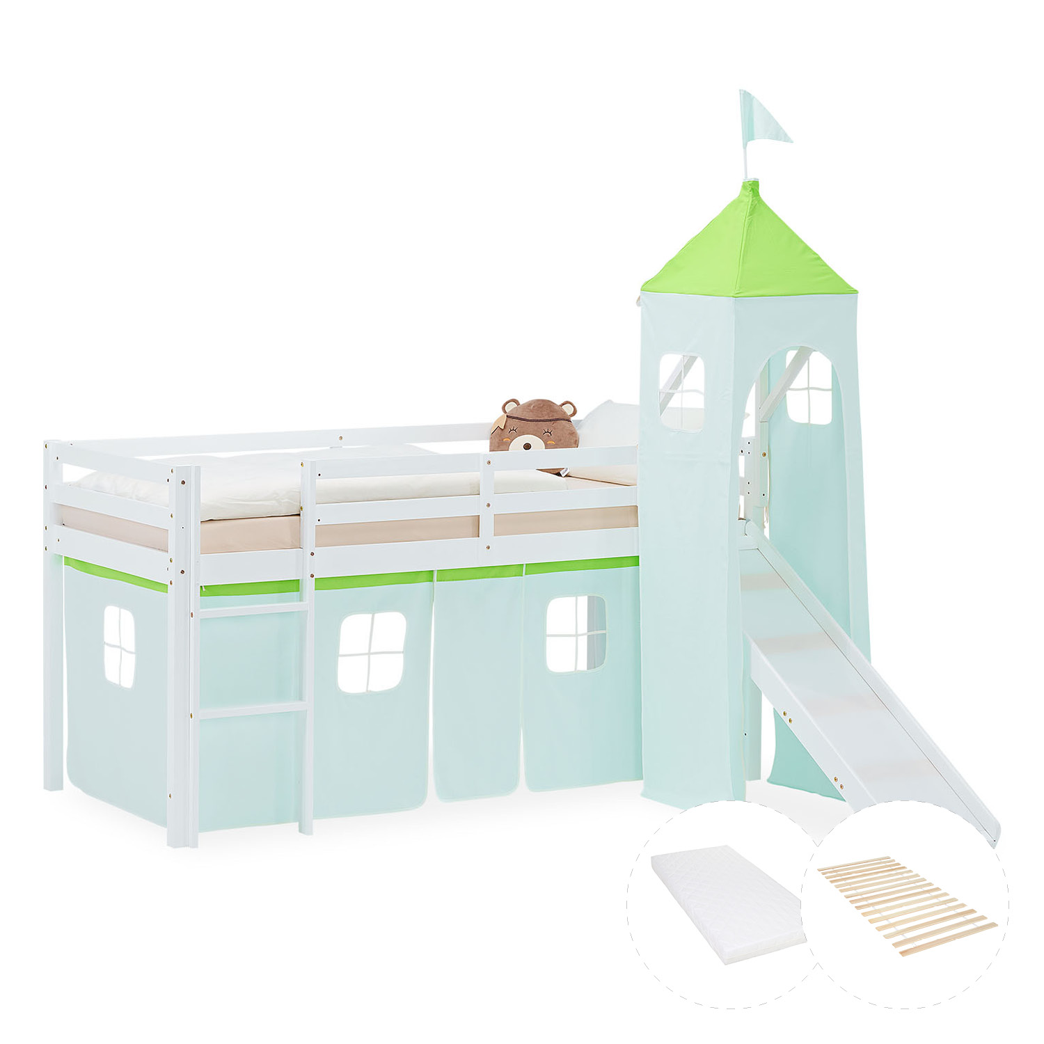 Kinderhochbett in Grün mit Elementen aus Kiefernholz, Lattenrost, Matratze, Rutsche, Spielturm und Spielvorhang. Das weiße Hochbett ist mit Matratze und Kissen vor weißem Hintergrund abgebildet. Sichtbar sind eine Leiter, seitliche Schutzgitter, ein Spiel