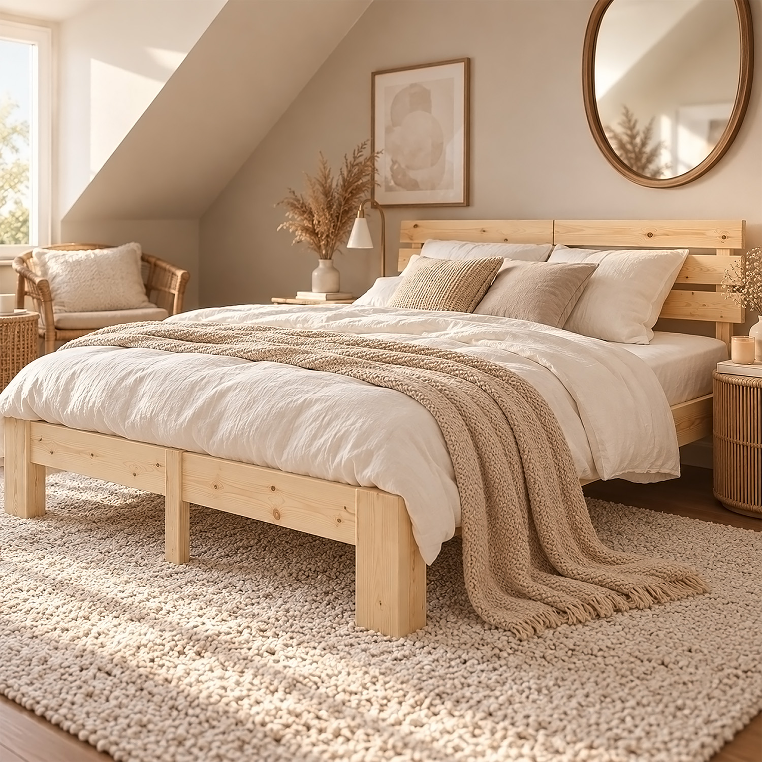 Wooden Bed 140x200 cm Natural – Solid Pine Double Bed with Slatted Base for Bedrooms, Teenagers' Rooms, and Guest Rooms