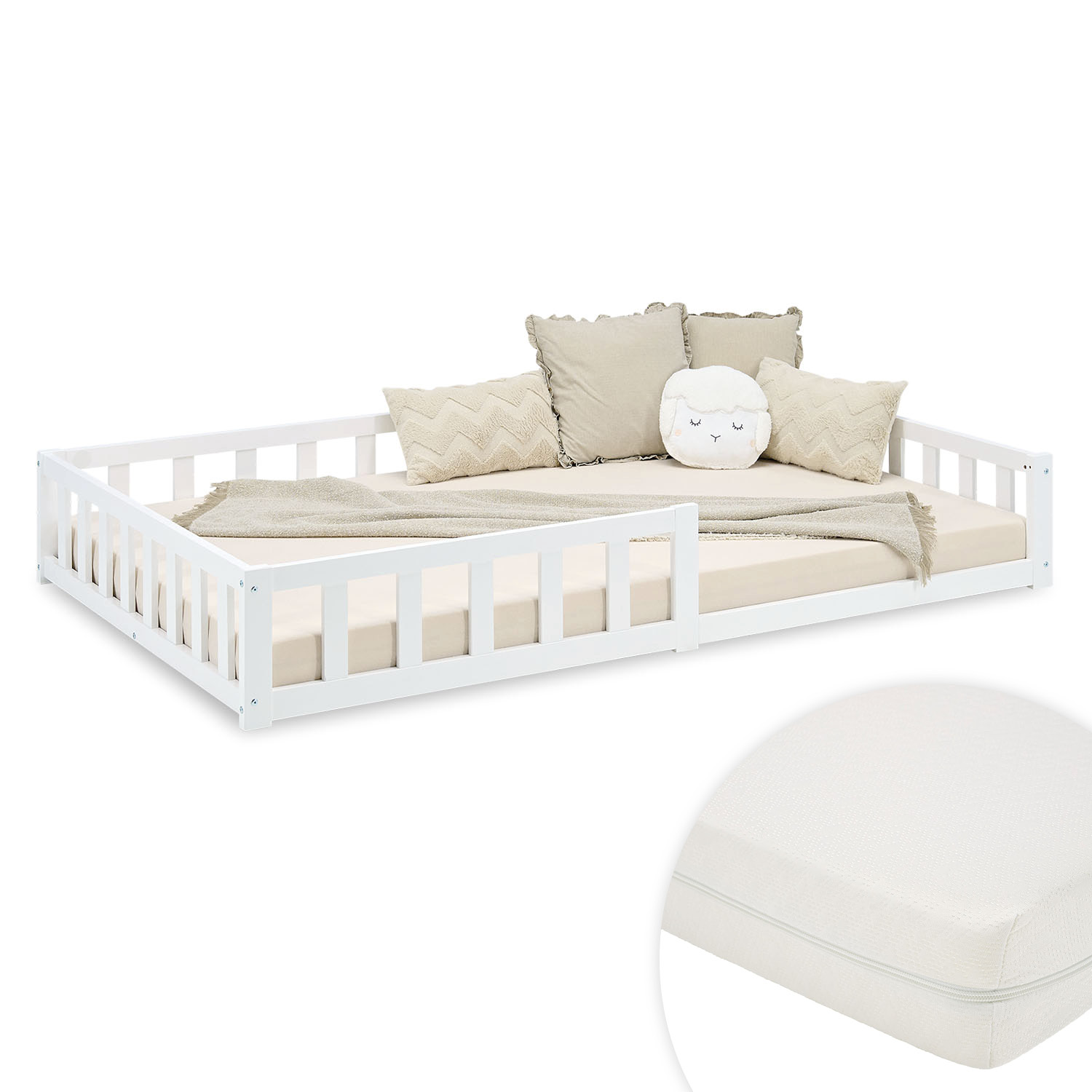 Children's Bed 120x200 White | Floor Bed with Mattress & Slatted Frame | with Fall Protection | Montessori
