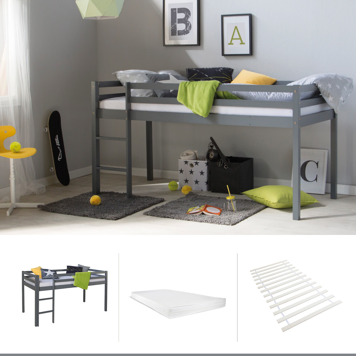 Loft Bed with Mattress Slatted Frame 90x200 cm Children's Bed Grey Bunk Bed