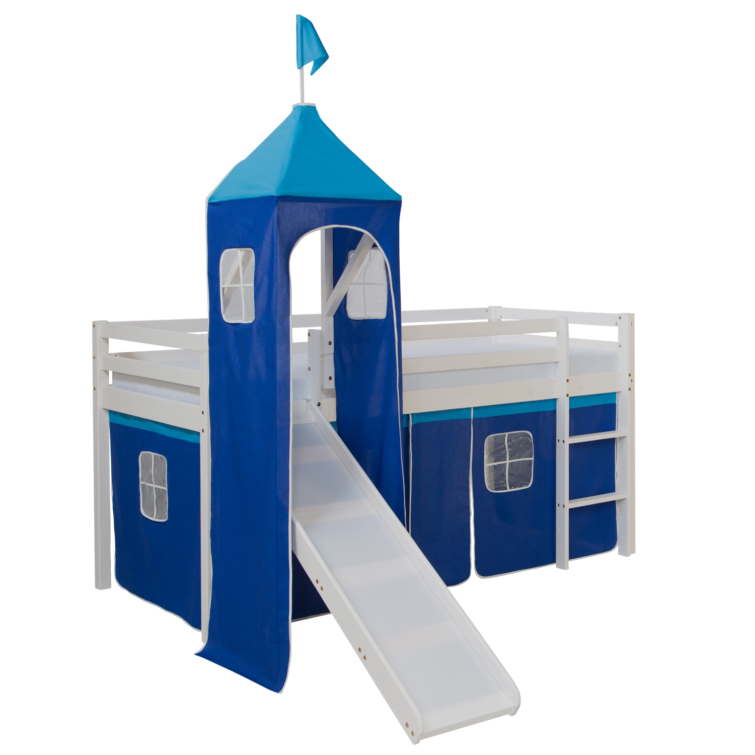 Loftbed 90x200 cm with Tower Slide Mattress Bunk bed Childrens bed Solid Pine Wood Slats Curtain Blue