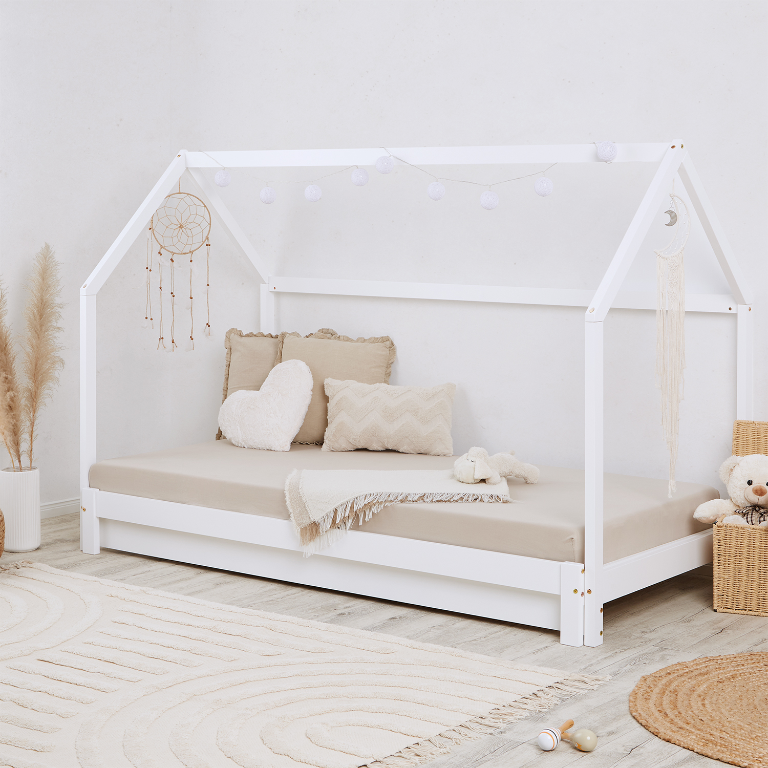 Children's Bed 90x200 cm White | House Bed Extendable to Double Bed | Functional Bed | with Slatted Frame | Wood