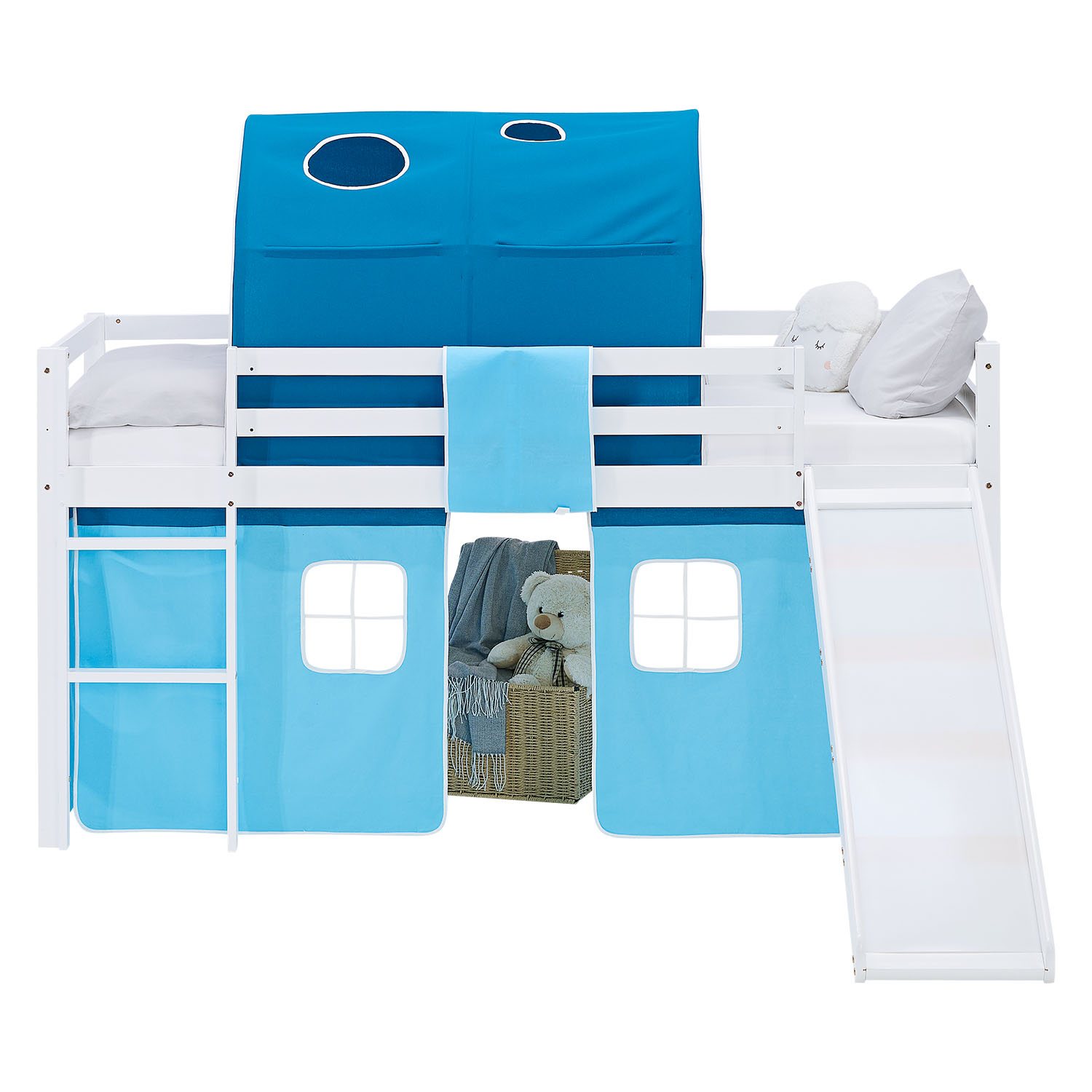 Loft Bed for Kids 90x200 cm White with Curtain & Tunnel in Blue | Slide | with Slatted Frame and Mattress