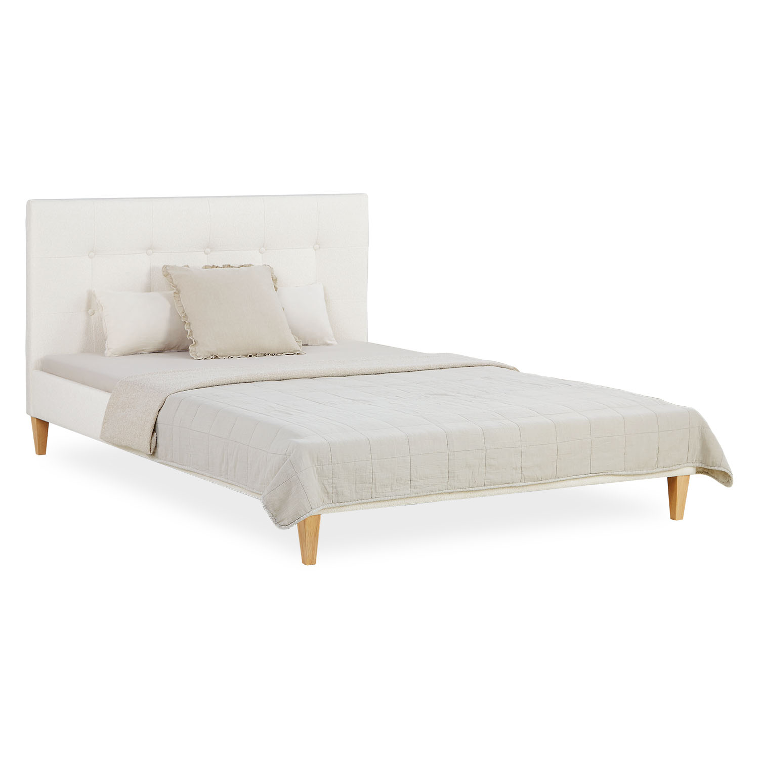 Small Double Bed 140x200 cm with Mattress Bouclé Beige Upholstered Bed with Slatted Frame Fabric Bed Frame
