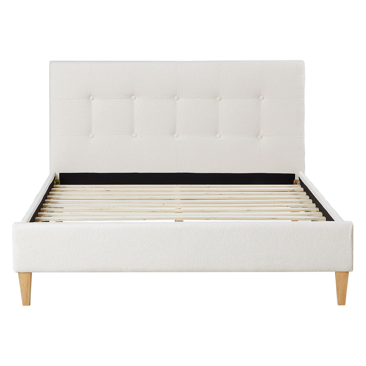 Small Double Bed 140x200 cm Bouclé Beige Upholstered Bed with Slatted Frame Fabric Bed Frame