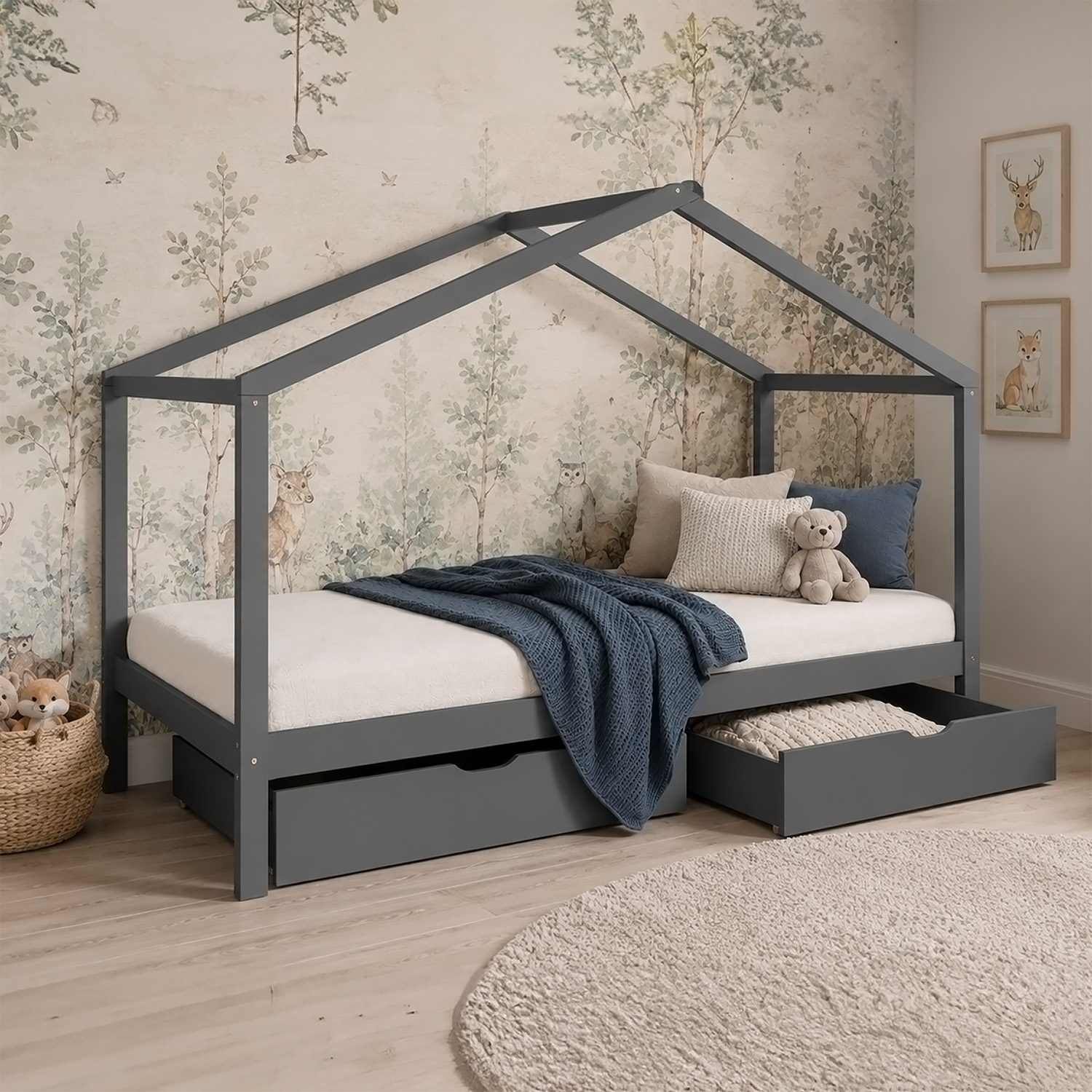 Children's Bed with mattress 90x200 House Bed Kids Bed Wooden Bed Grey Cot Drawer