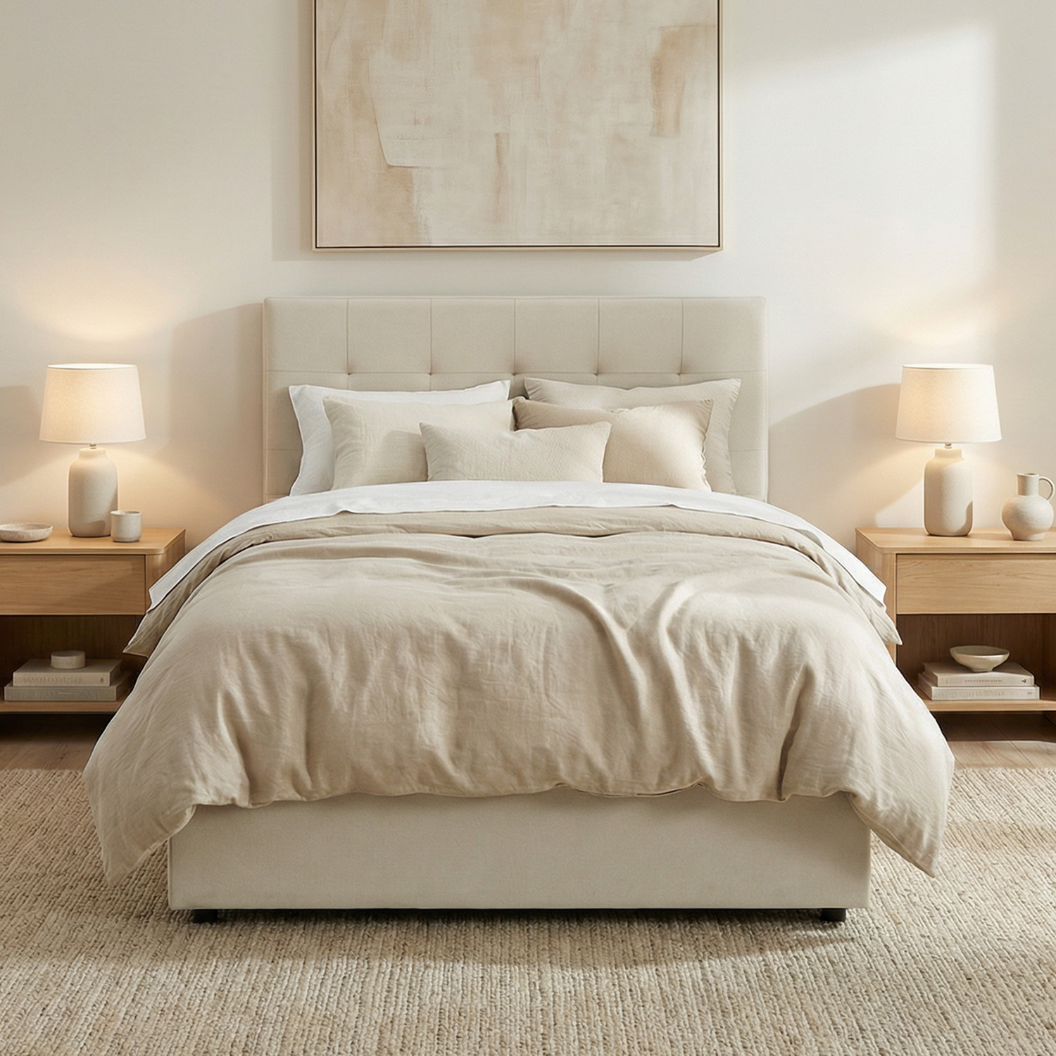 Upholstered bed 120x200 cm beige | with slatted frame | with 2 bed drawers | double fabric bed frame