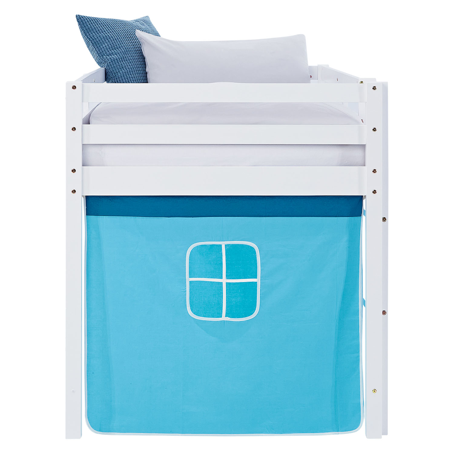 Children's Loft Bed, 90x200 cm, White with Blue Curtain | Includes Slatted Base and Mattress