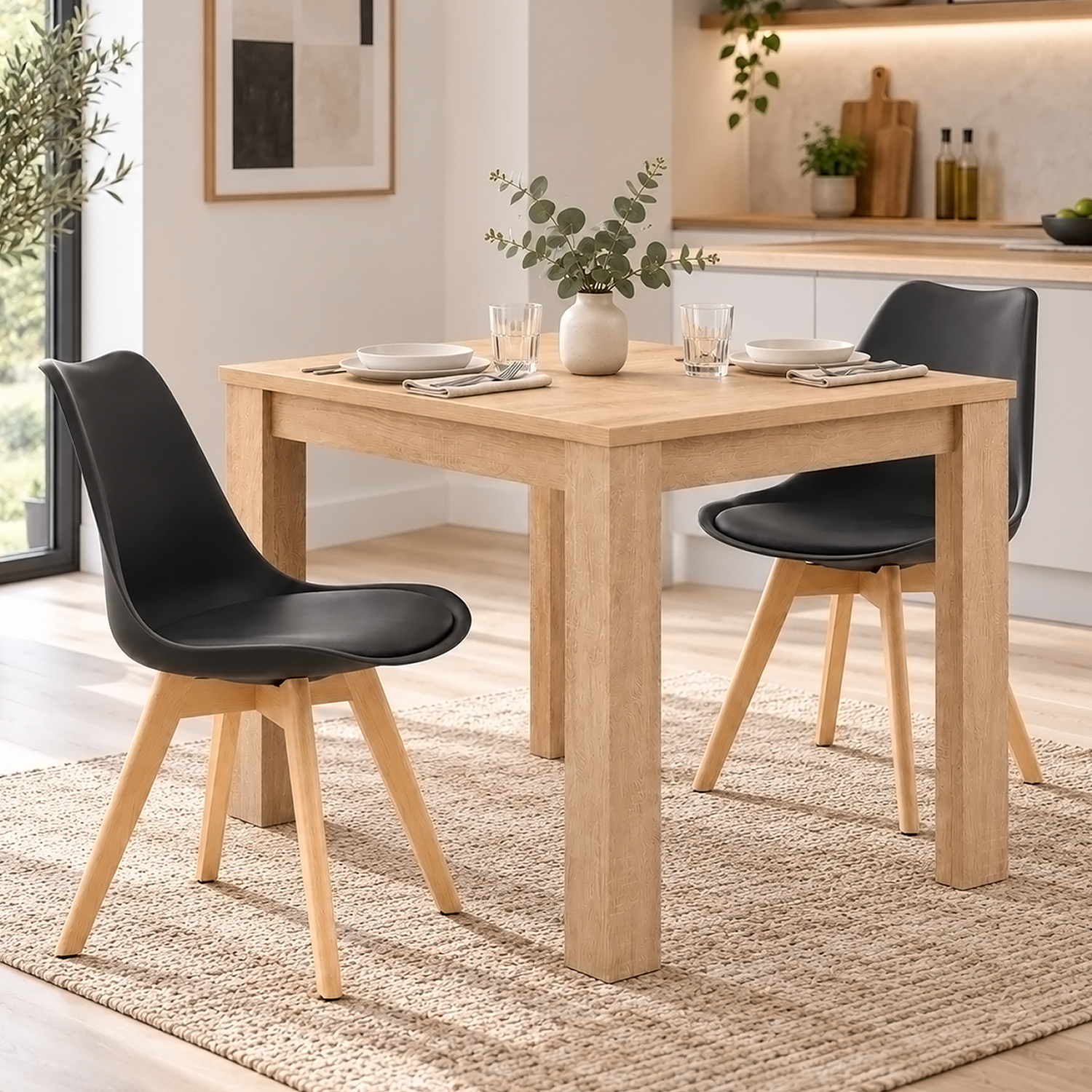 Dining Set (3-Piece): 80x80 cm oak dining table with 2 black plastic chairs and wooden legs