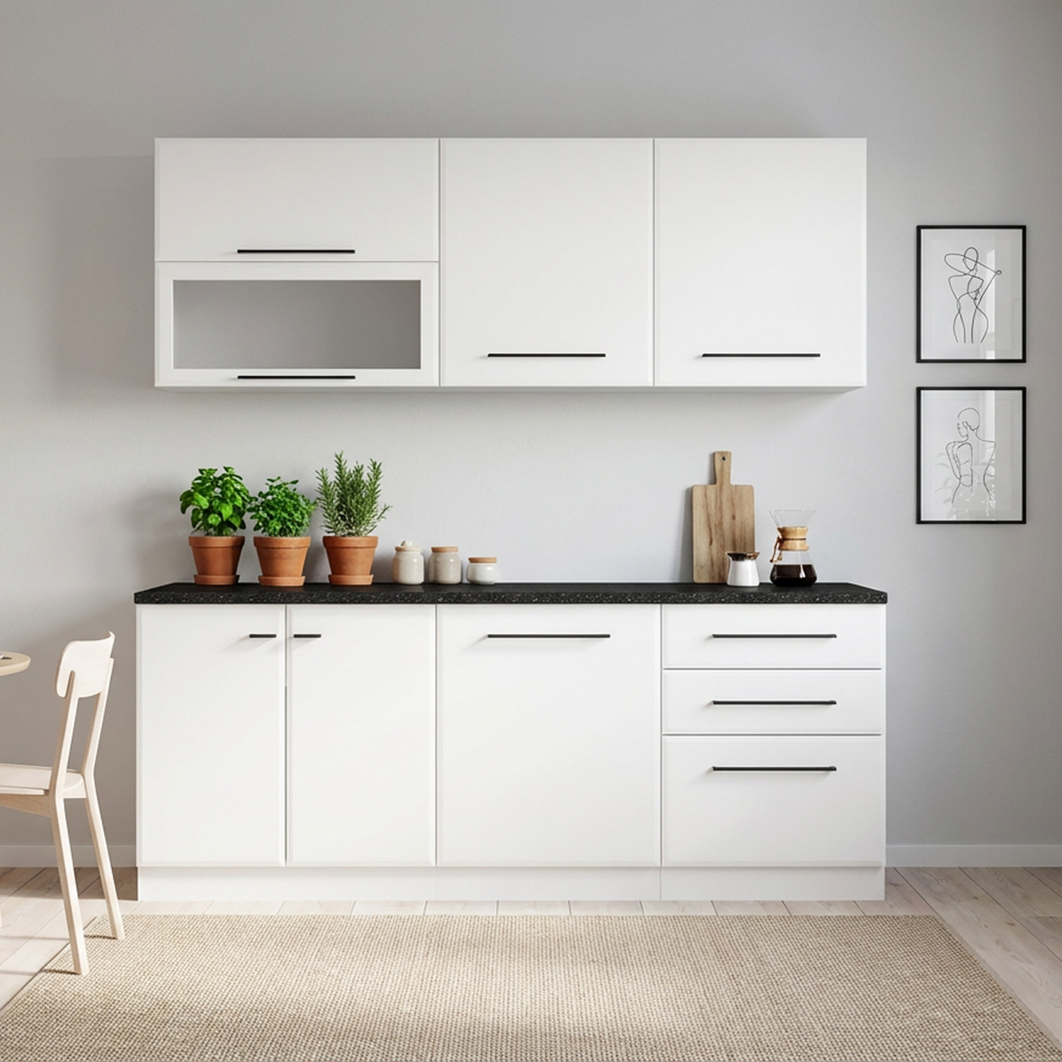 200 cm White Kitchen Unit – Modern Kitchen Unit Without Appliances, Featuring Storage Space
