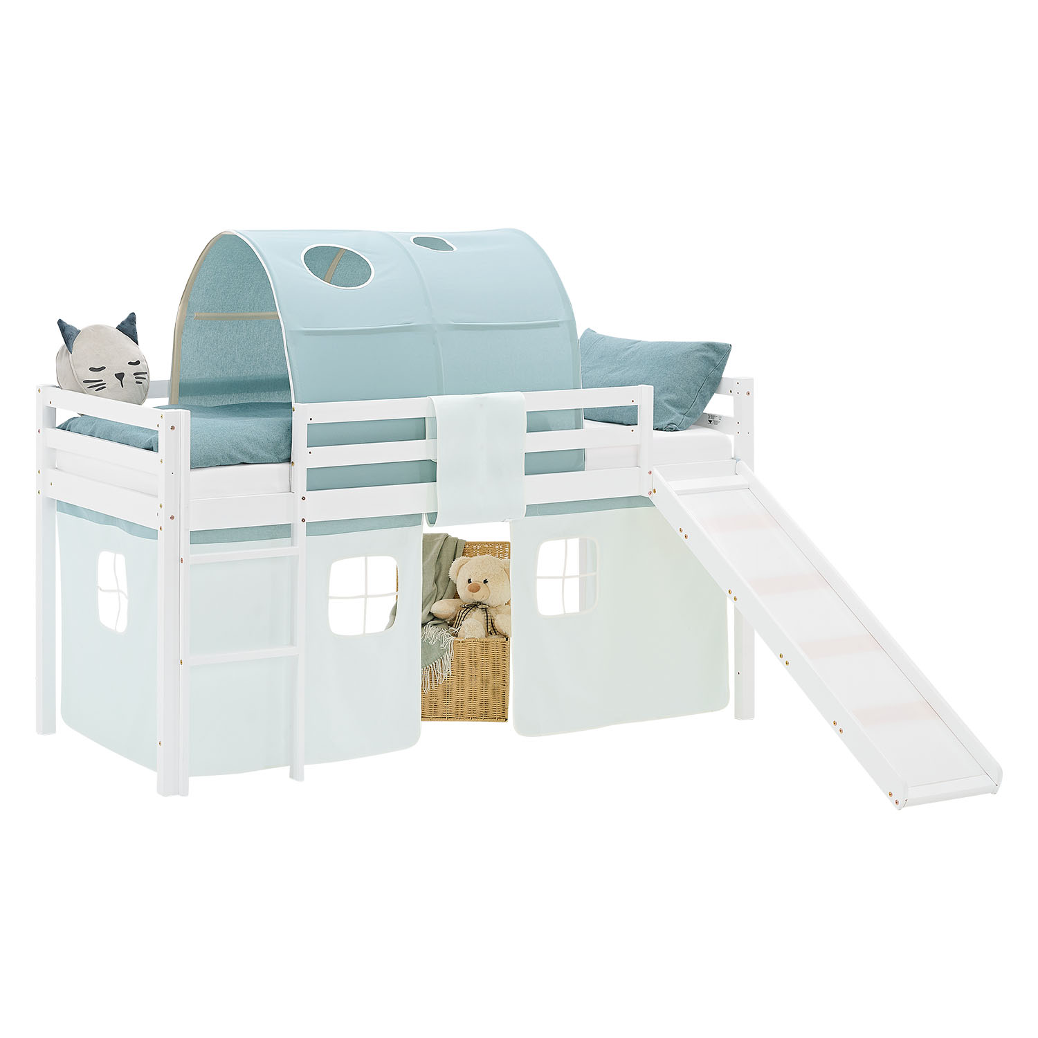 Loft Bed for Kids 90x200 cm White with Curtain & Tunnel in Mint Green | Slide | with Slatted Frame and Mattress