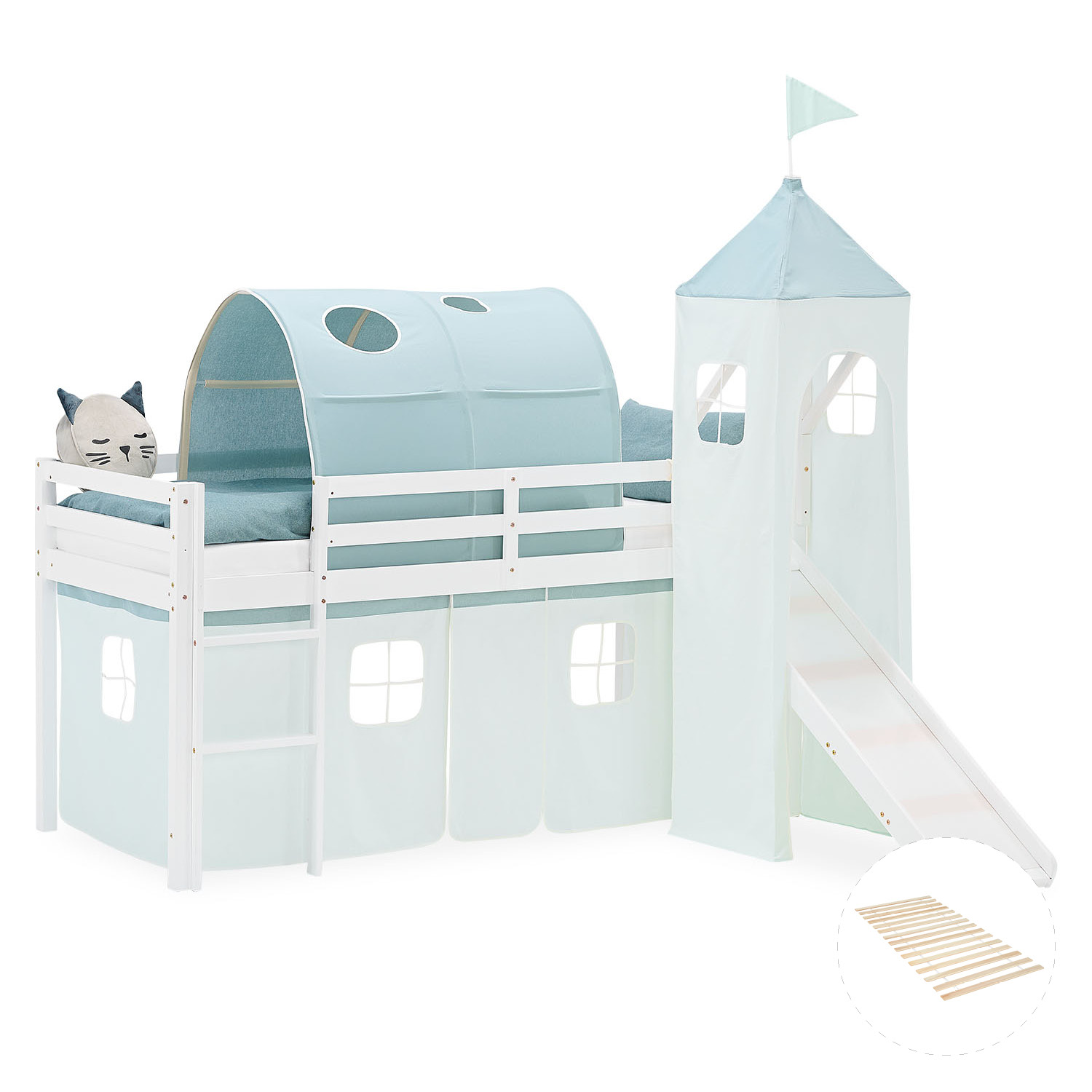 Loft Bed for Kids 90x200 cm White with Curtain in Mint Green | Slide | Tower | Tunnel | with Slatted Frame