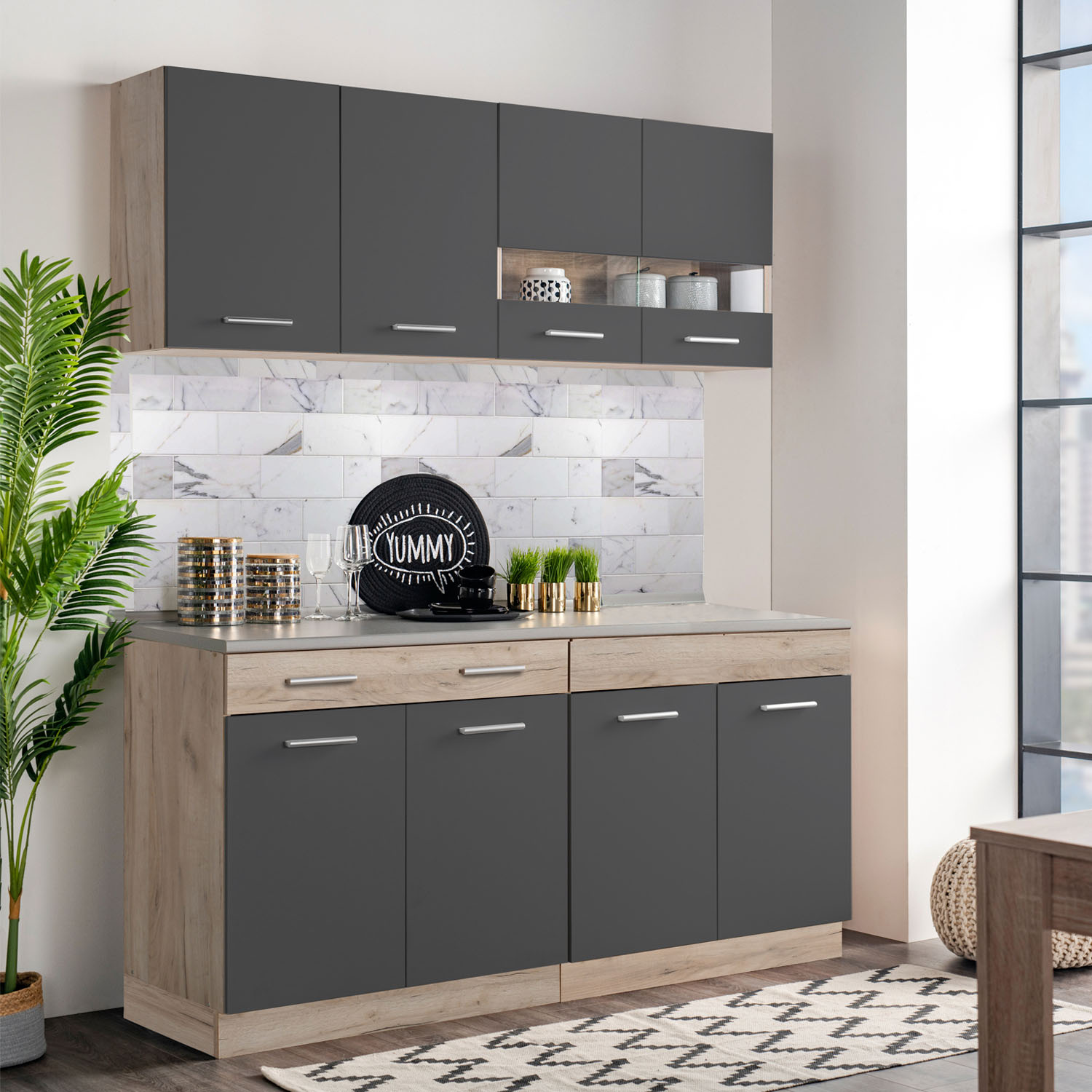 80 cm Kitchen Unit Grey & Oak – Mini Kitchen with Cabinet Elements, Without Sink and Appliances