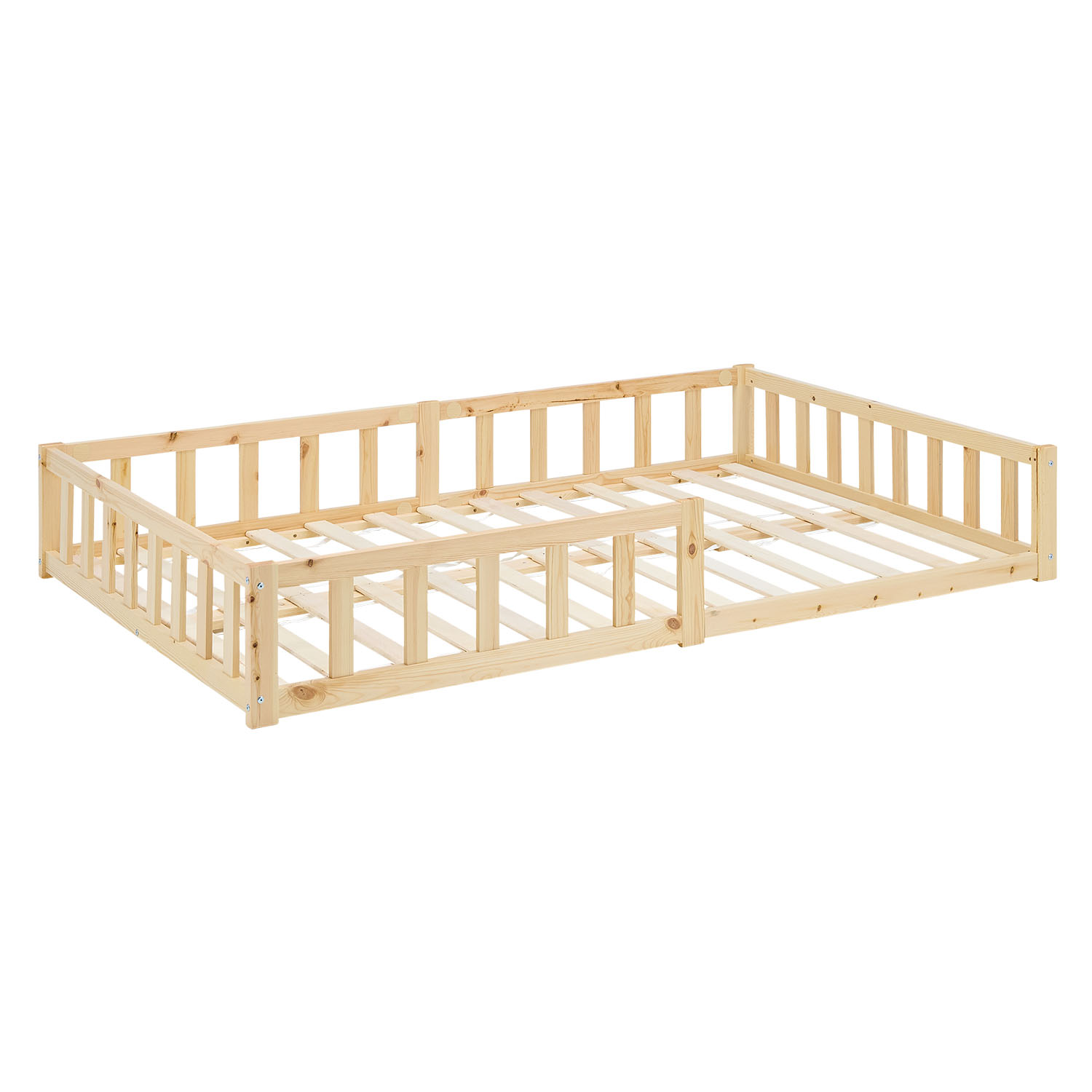Montessori Crib 120x200 cm Natural, Includes Mattress & Slatted Base – Floor-Level Crib with Safety Rails Made of Solid Wood
