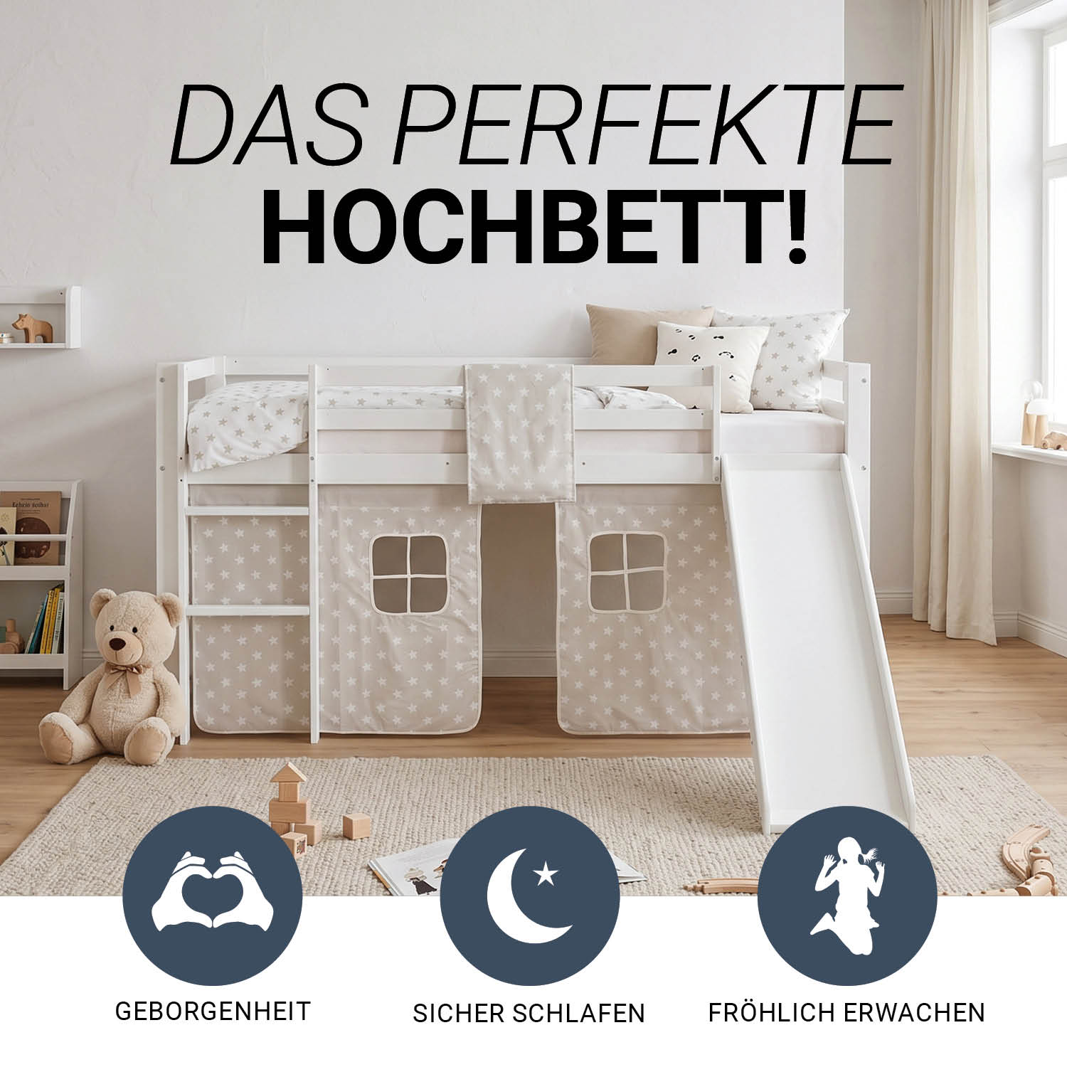 Children's Loft Bed 90x200 cm White with Star Curtain | Slide | With Slatted Base | With Mattress