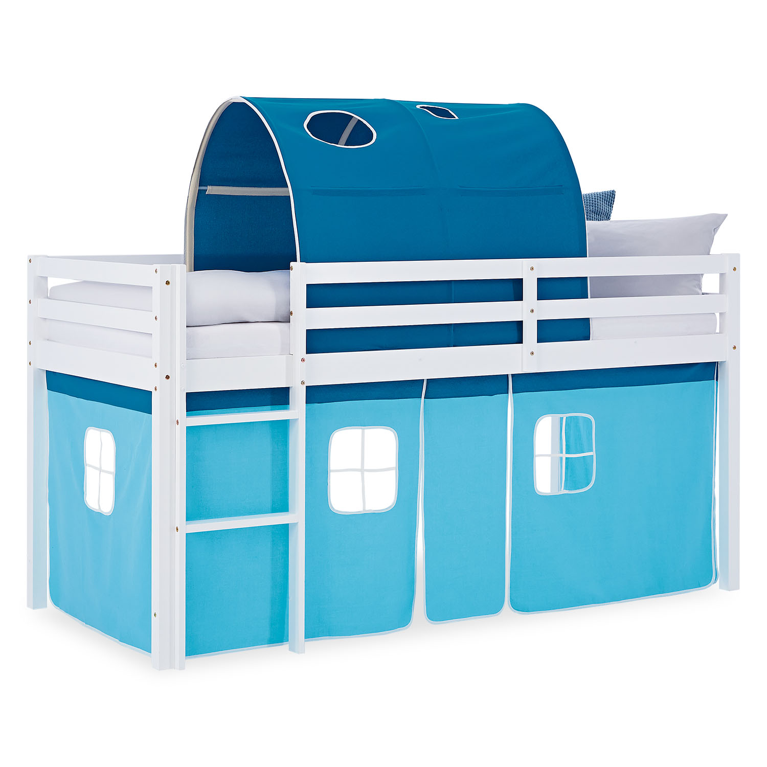Mid-height kids? bed in white wood with dark blue canopy and light blue curtains featuring windows ? play bed with ladder, ideal for nautical-themed boys? bedroom