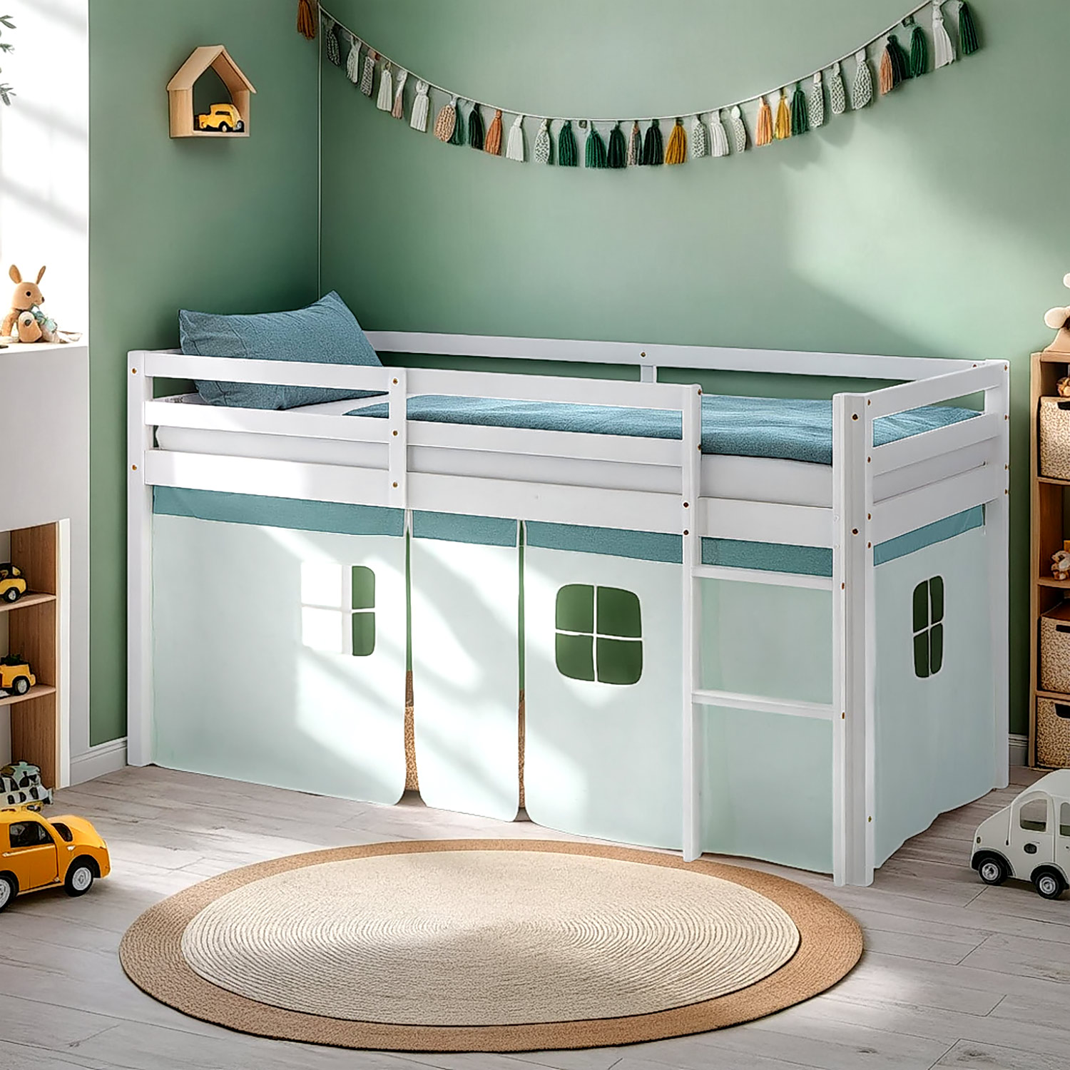 Hochbett Kinder 90x200 cm Kinderbett Kinderhochbett Stockbett Tunnel Vorhang Turm Mint Grün Rutsche Holz Massiv Lattenrost Matratze