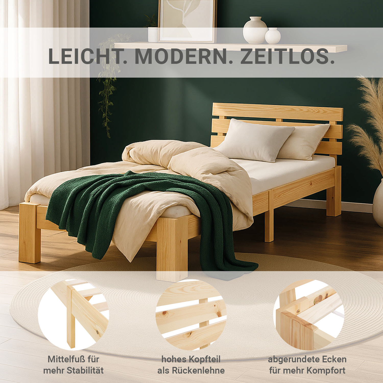 Wood Bed 90x200 cm Natural | Single Bed | with Spring Mattress | Solid | Youth Guest Bedroom