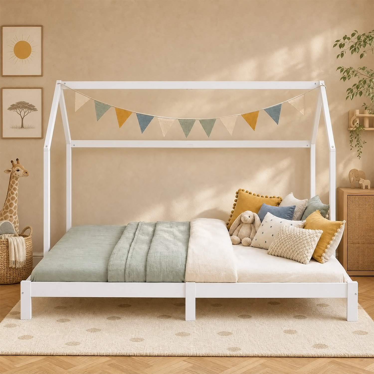 Children's Bed with Pull Out Bed 90x200 cm House Bed 2 Mattresses Bed Slats Treehouse Bed Children's Single Bed Wooden Frame White Trundle