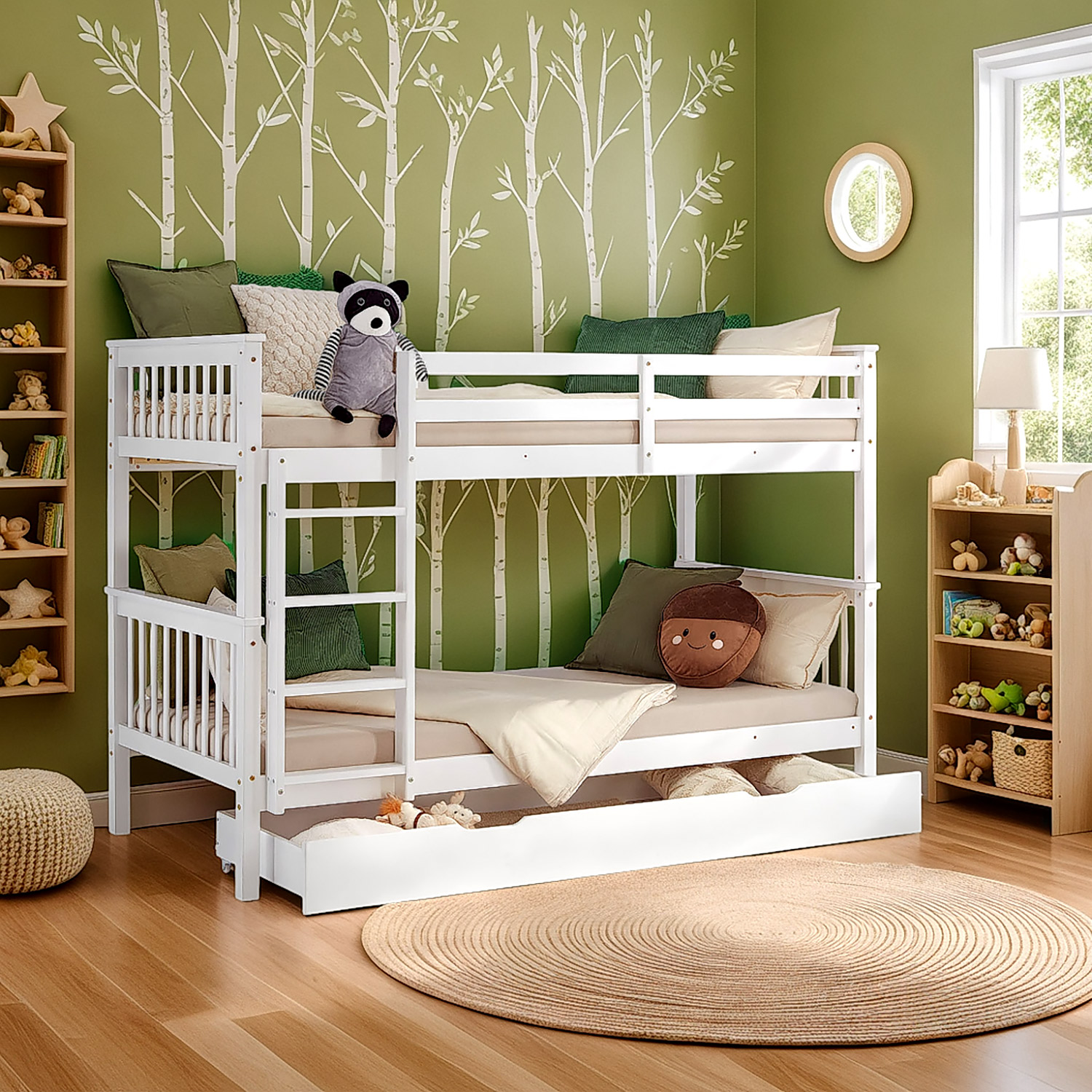 Bunk Bed 90x200 cm White | Kids Bed with Mattress | Storage | Fall Protection | Convertible | Massif pine wood
