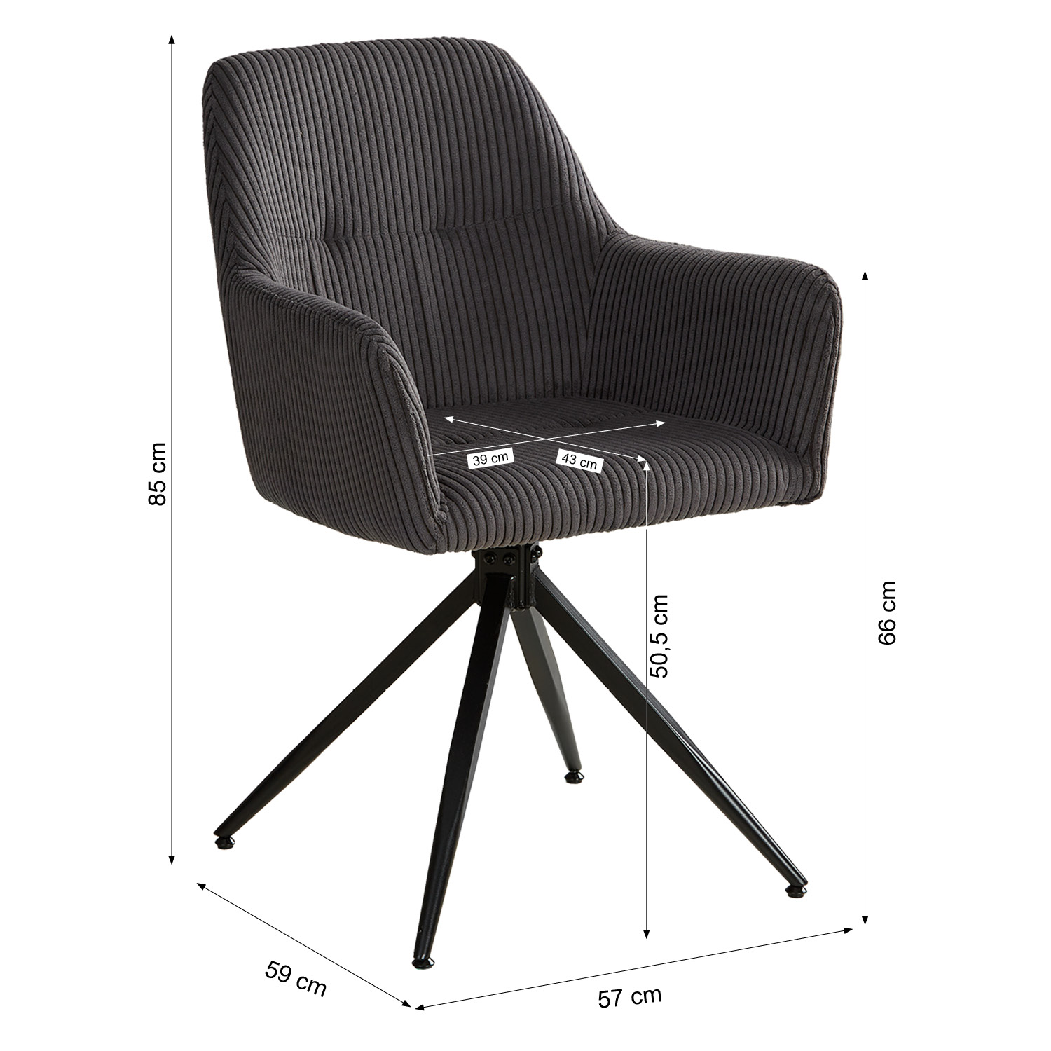 Dining set | 4-piece set upholstered chairs grey cord with armrest | swivel | dining table white vintage 160 x 90 cm | extendable 200 cm