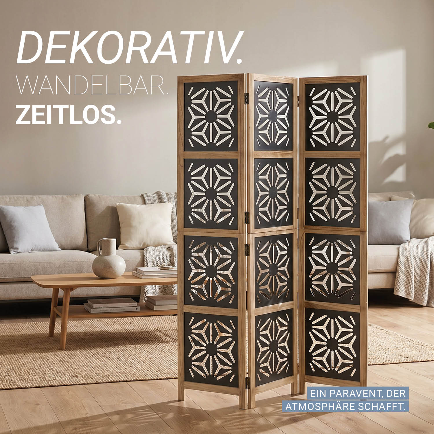 3-Panel "Nature" Folding Screen – Room Divider with Black Accents