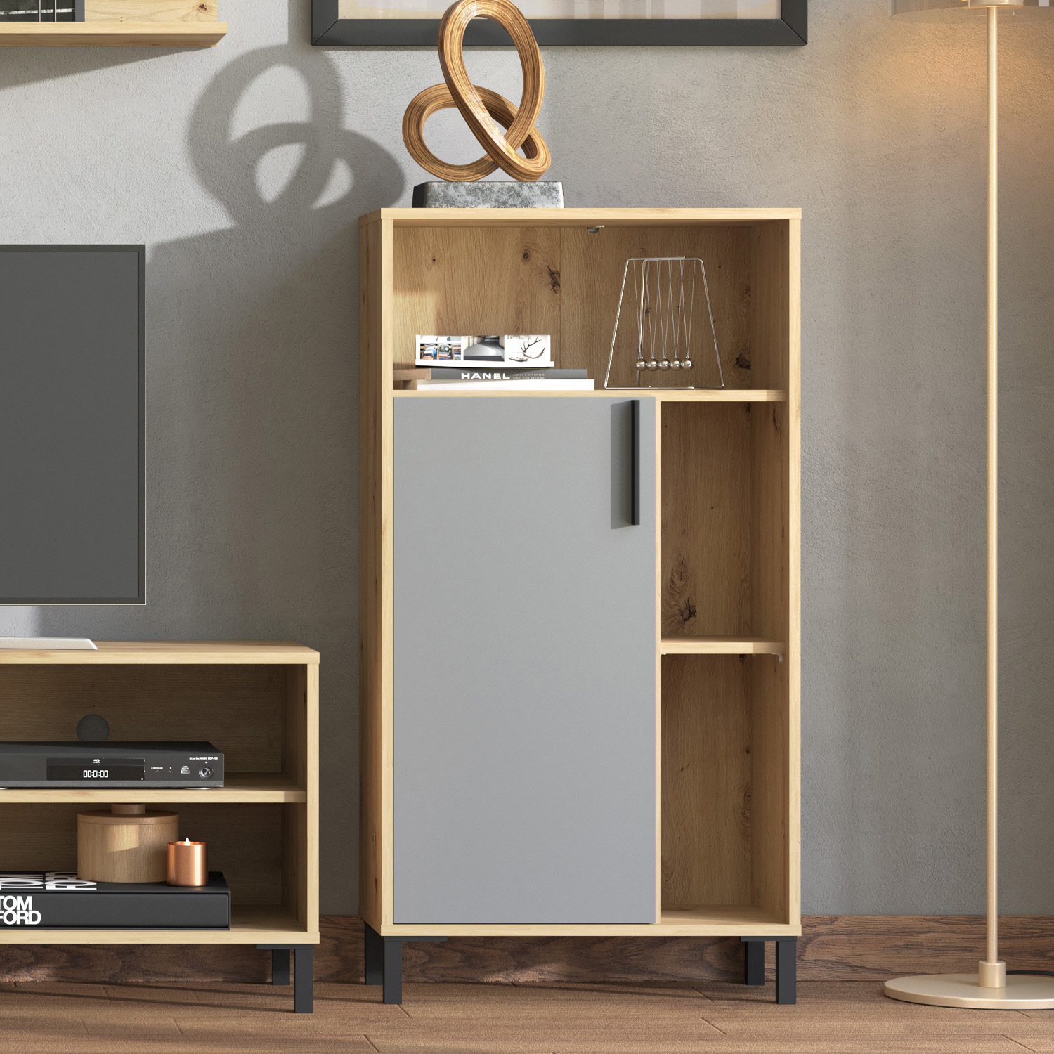 Modern living room unit 4 part cupboard set wall unit wood oak grey TV set with storage entertainment center