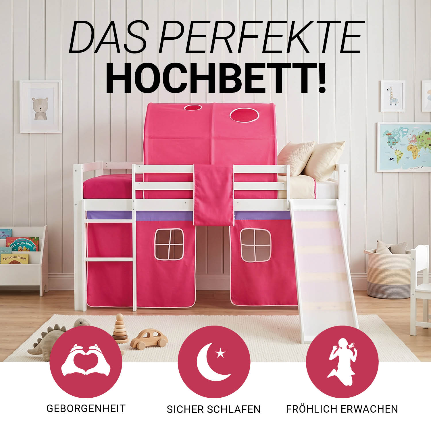 Children's Loft Bed 90x200 cm, White with Pink Curtain | Tunnel | Slide | Includes Slatted Base