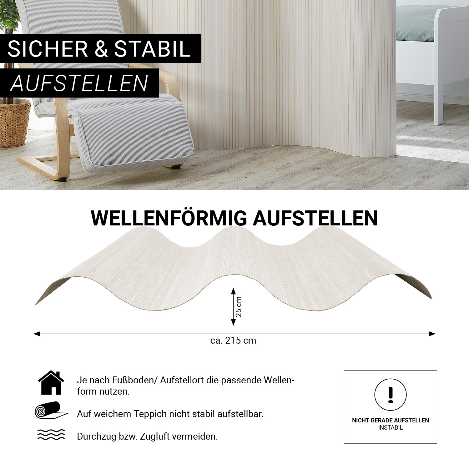 Paravent Bamboo Height 145 cm White | Room Divider | Partition Privacy Screen