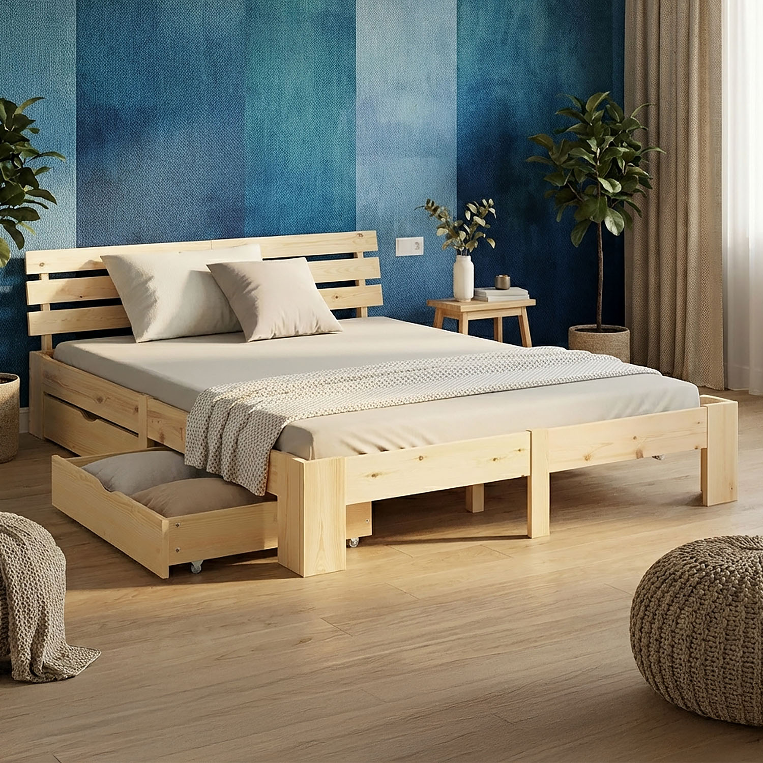 Wood Bed 160x200 cm Natural | Double Bed with Storage 2 Drawers | with Mattress | Solid | Youth Guest Bedroom