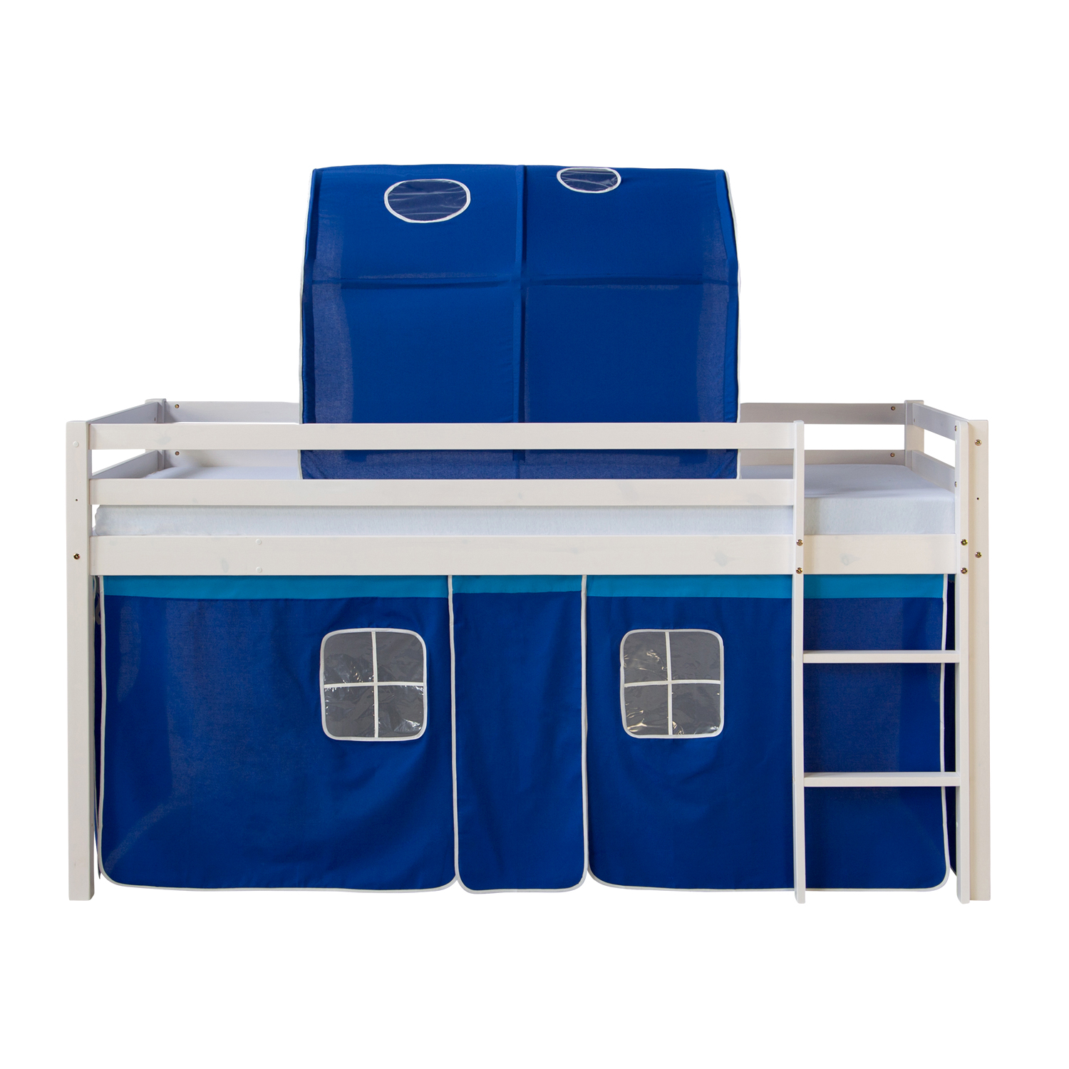 Loft Bed Kids 90x200 cm White with Curtain in Blue | Tunnel | without Slatted Frame Loftbed 90x200 cm with Mattress Bunk bed Childrens bed Solid Pine Wood Slats Tunnel Curtain Blue