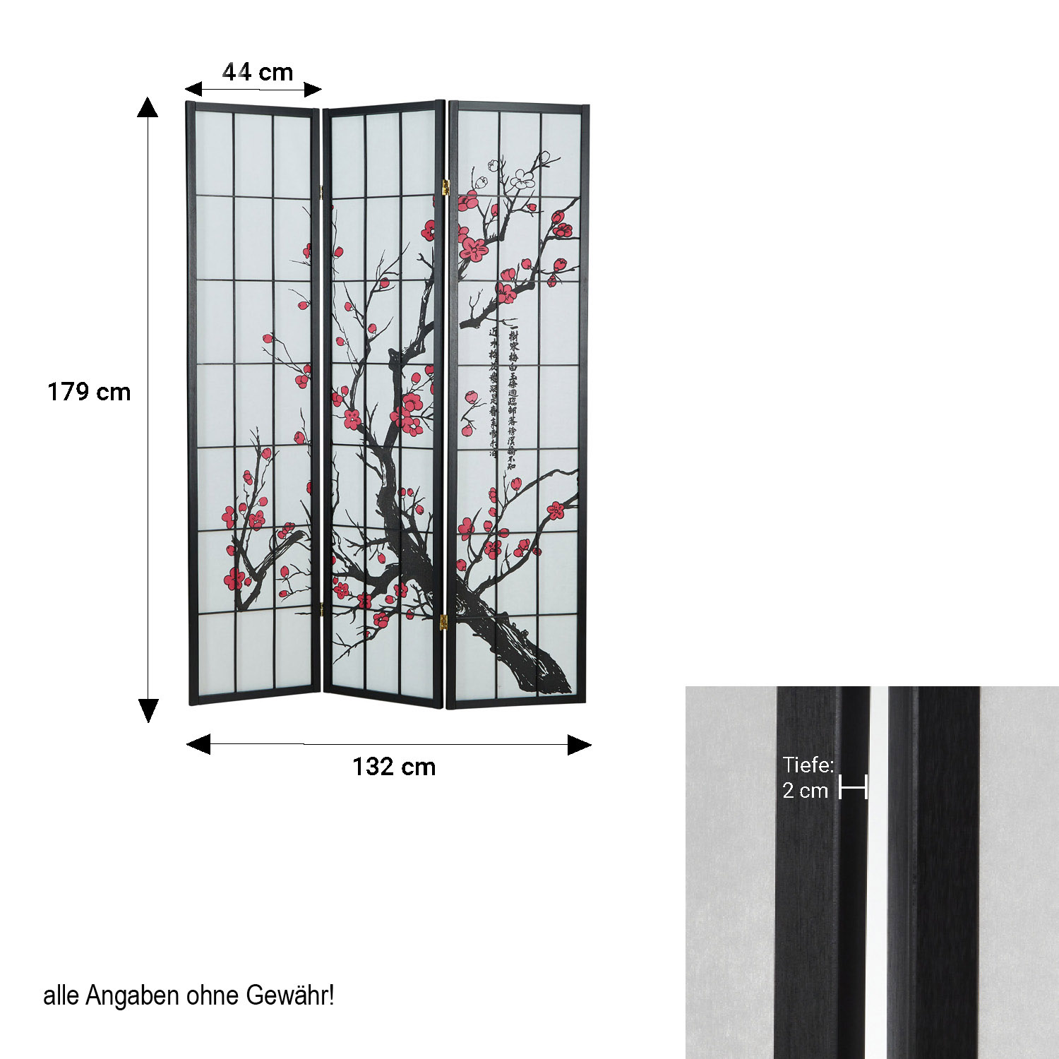 Paravent Black Cherry Pattern | Rice Paper White | 3-panel | Wood | Room Divider Partition Privacy Screen
