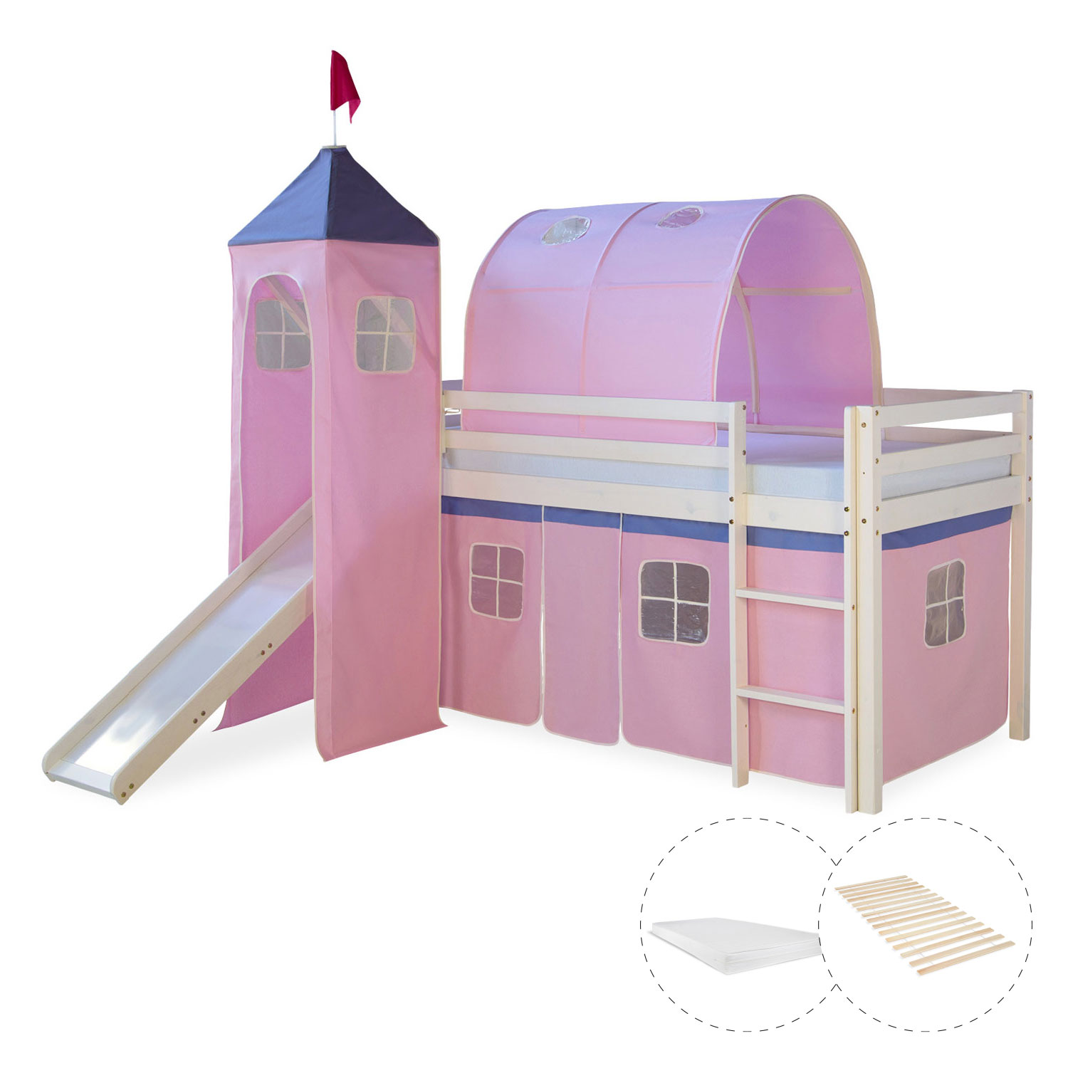 Loftbed 90x200 cm with Tower Tunnel Slide Mattress Bunk bed Childrens bed Solid Pine Wood Slats Curtain Pink