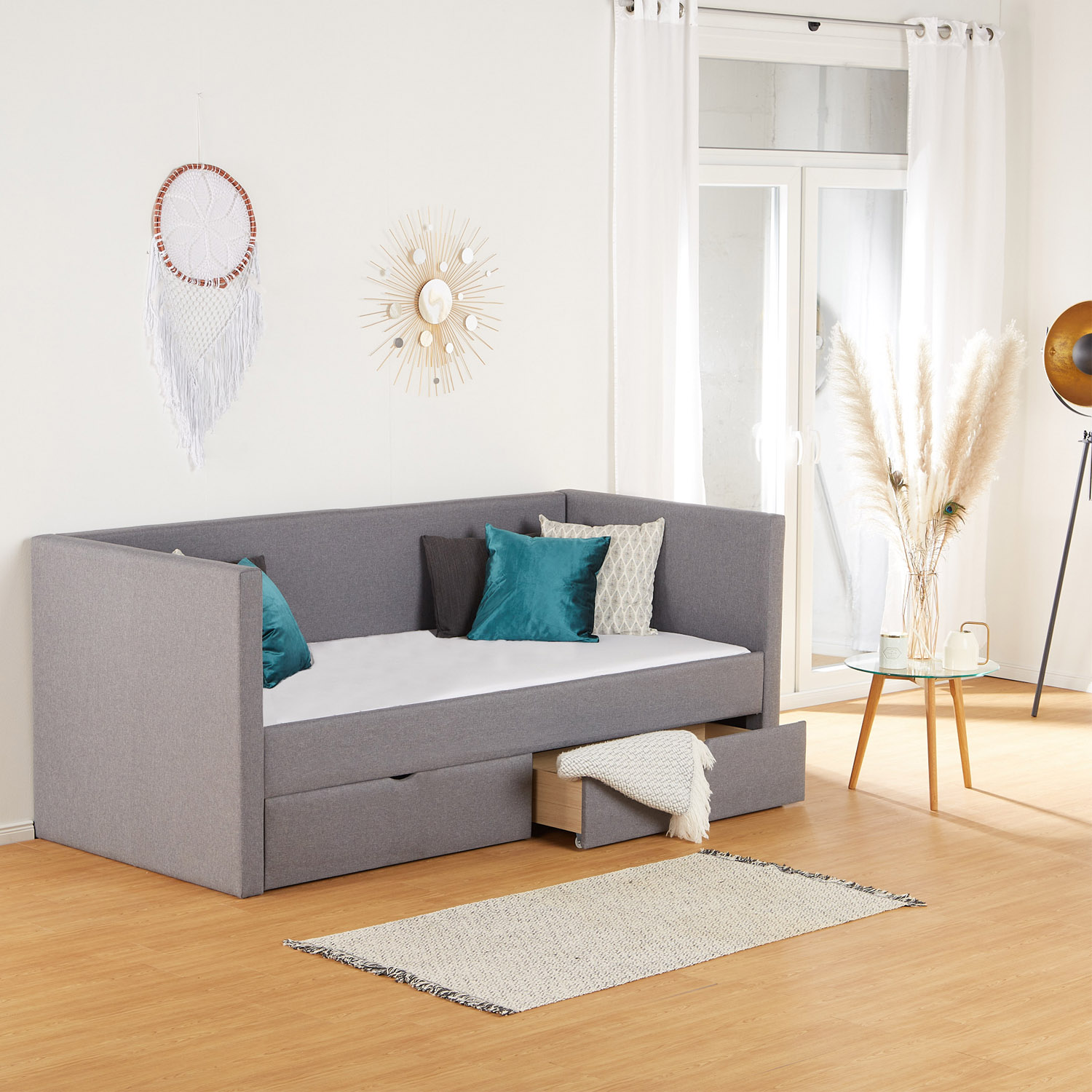 Upholstered Bed 90x200 Grey Bed Drawer Day Bed Sofa Bed Guest Bed Extendable