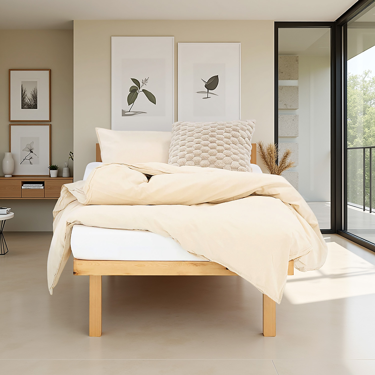 Bettgestell 90x200 cm Holzbett Unbehandelt Einzelbett Massivholz Bett ohne Kopfteil Gästebett Jugendbett Matratze Lattenrost