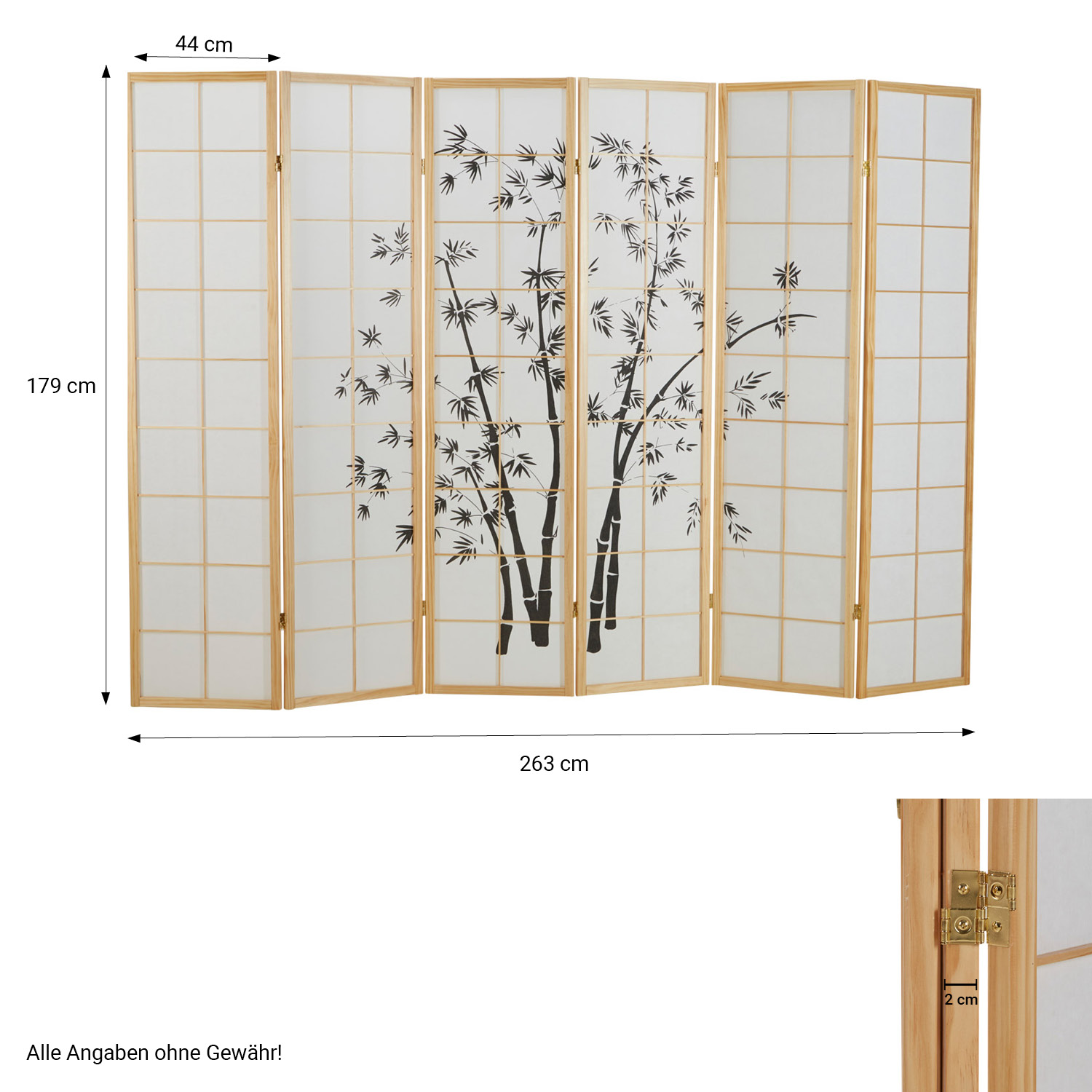 Paravent Séparation de pièce 3 pièces, bois naturel, papier de riz blanc, motif bambou, hauteur 179 cm	