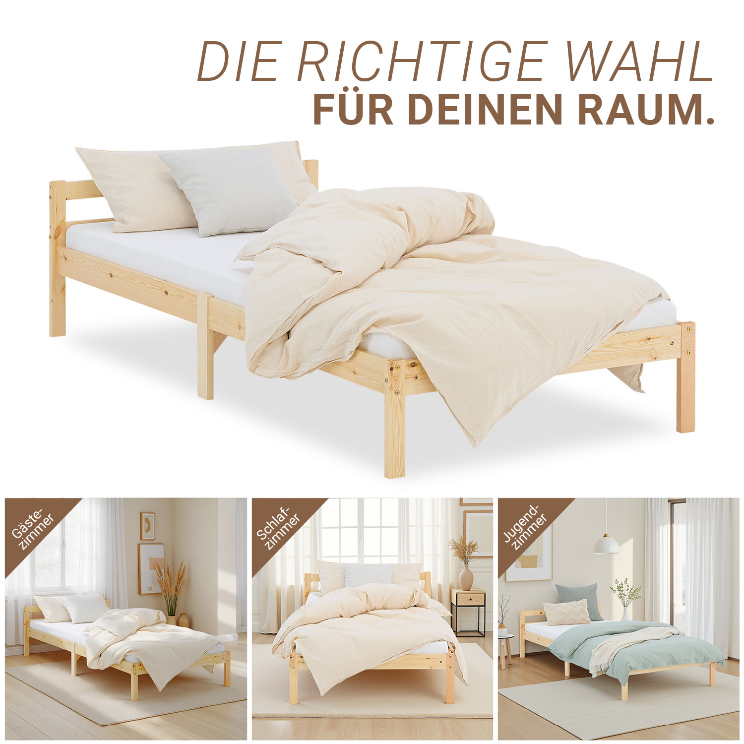 Wooden Bed 90x200 cm Natural – Solid Wood Single Bed with Slatted Base for Teenagers' Rooms, Guest Rooms, and Bedrooms