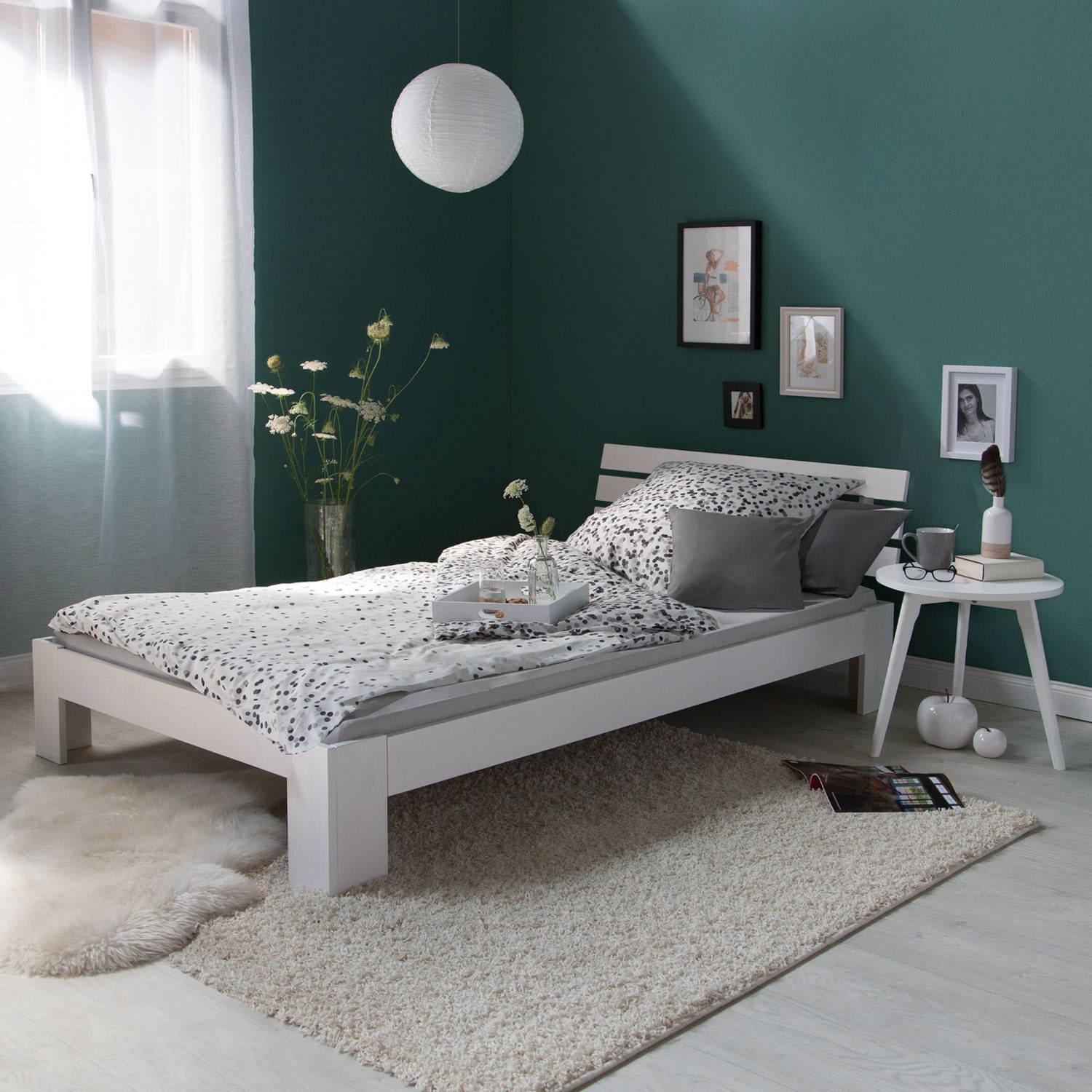 Wood Bed 90x200 cm White | Single Bed with Storage Drawer | with Slatted Frame | Solid | Kids Youth Guest Bedroom