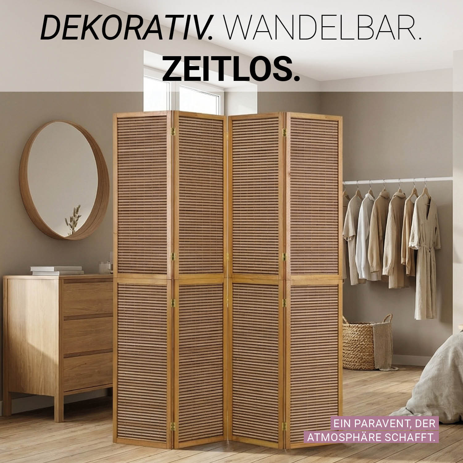 4-panel Brown Screen, 200 cm – Wooden Room Divider & Privacy Screen with Slats