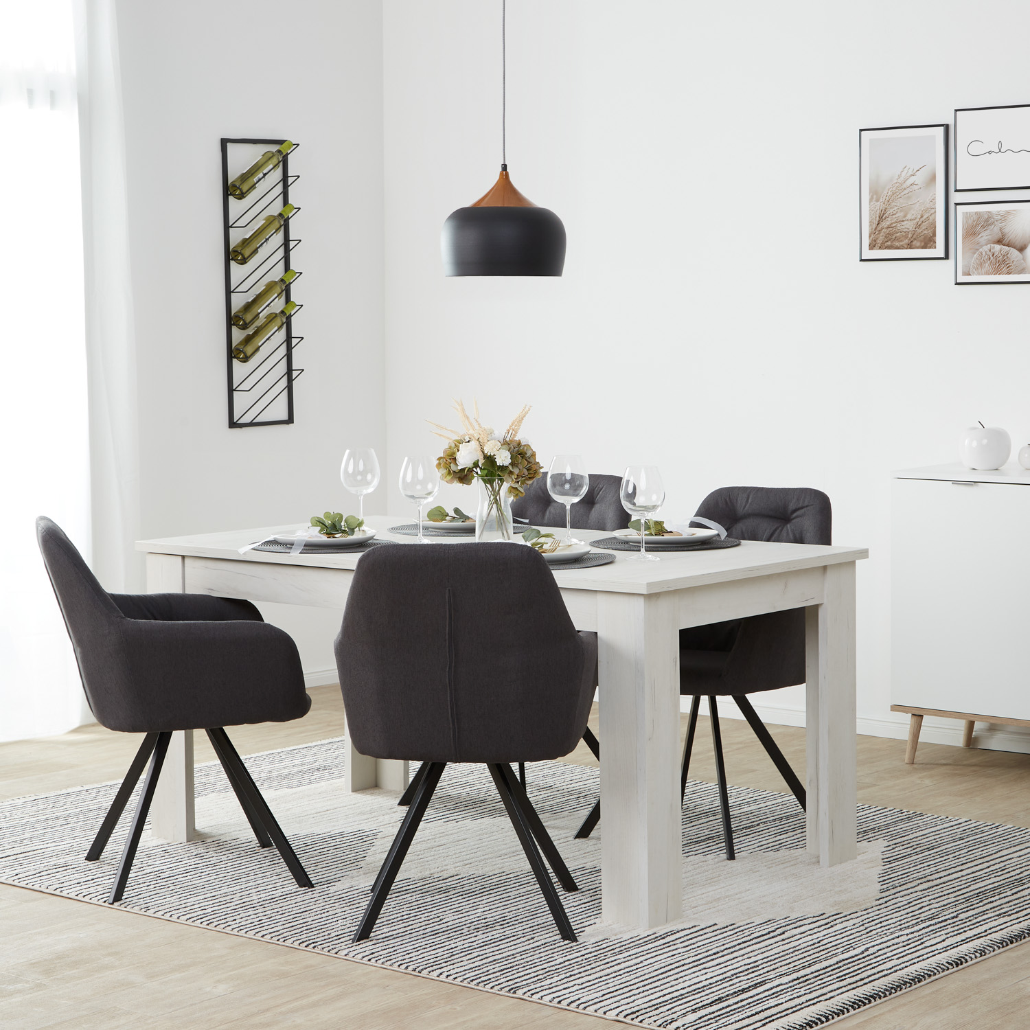 Set of 4 Upholstered Linen Chairs in Anthracite – Comfortable dining chairs with armrests and a sturdy metal frame